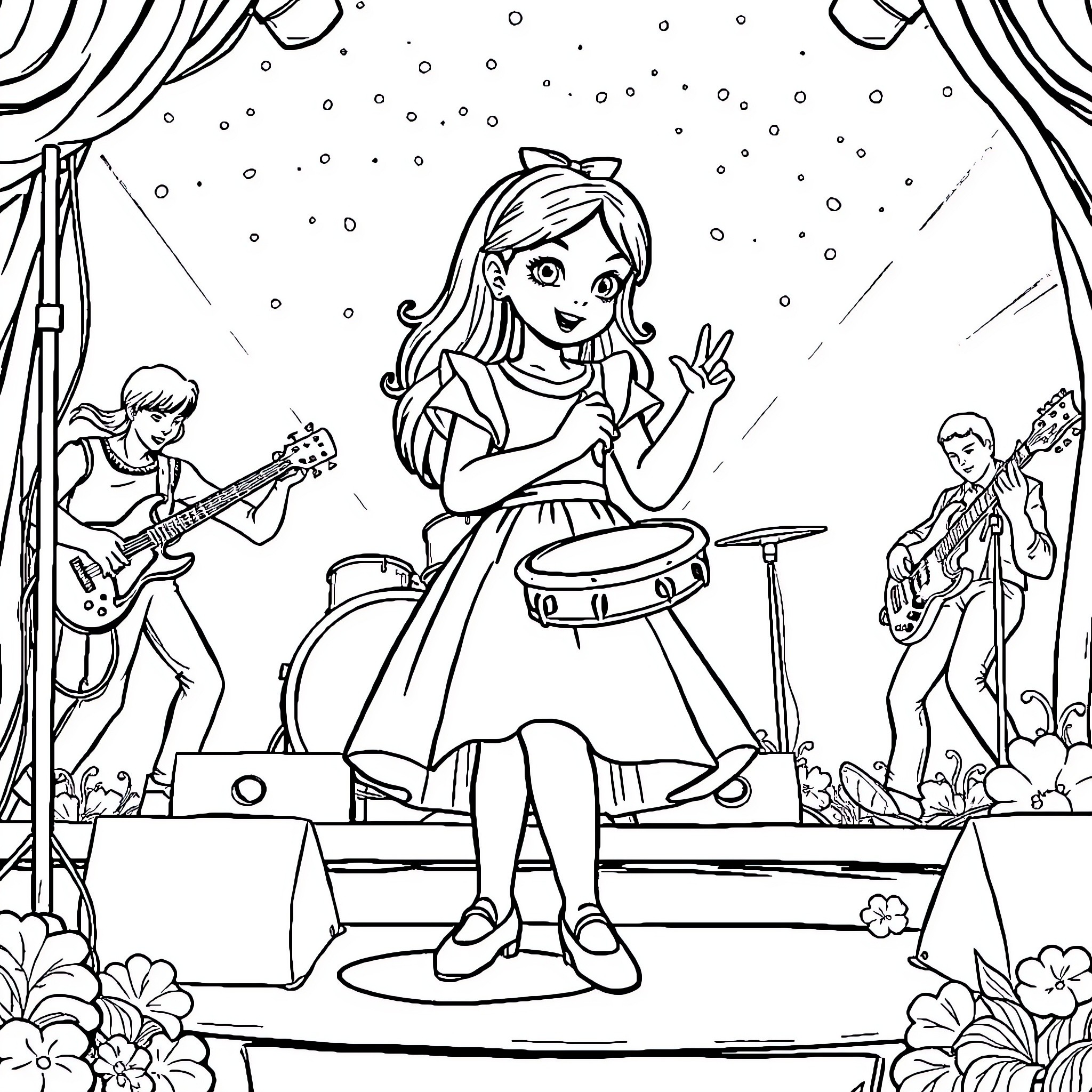 Alice Performs on Stage with a Band Coloring Page (free black-and-white line drawing printable PDF for all, from beginners to advanced learners, including children, teens, adults, and seniors)
