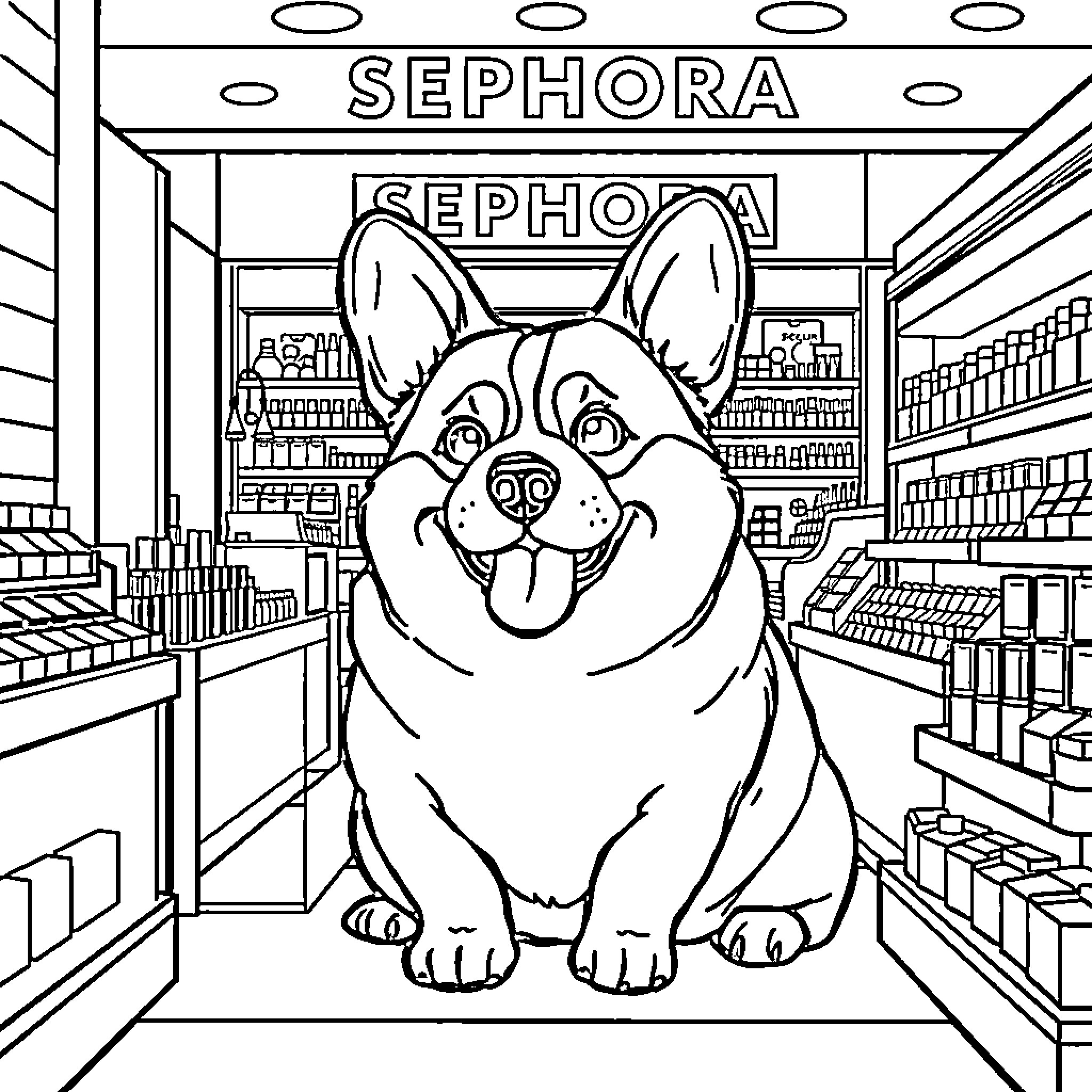 Corgi Enjoying a Shopping Spree at Sephora Coloring Page (free black-and-white line drawing printable PDF for all, from beginners to advanced learners, including children, teens, adults, and seniors)