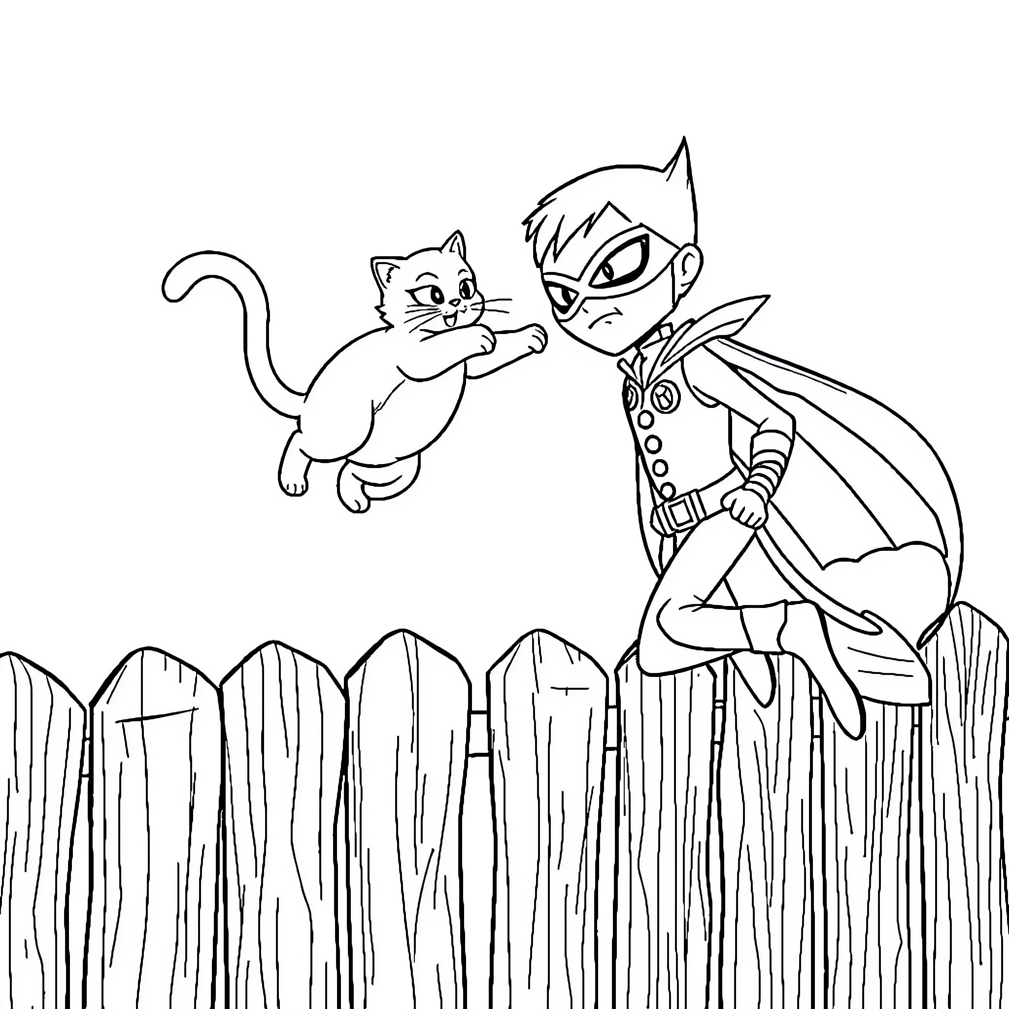Cat being rescued by a superhero Coloring Page (free black-and-white line drawing printable PDF for all, from beginners to advanced learners, including children, teens, adults, and seniors)