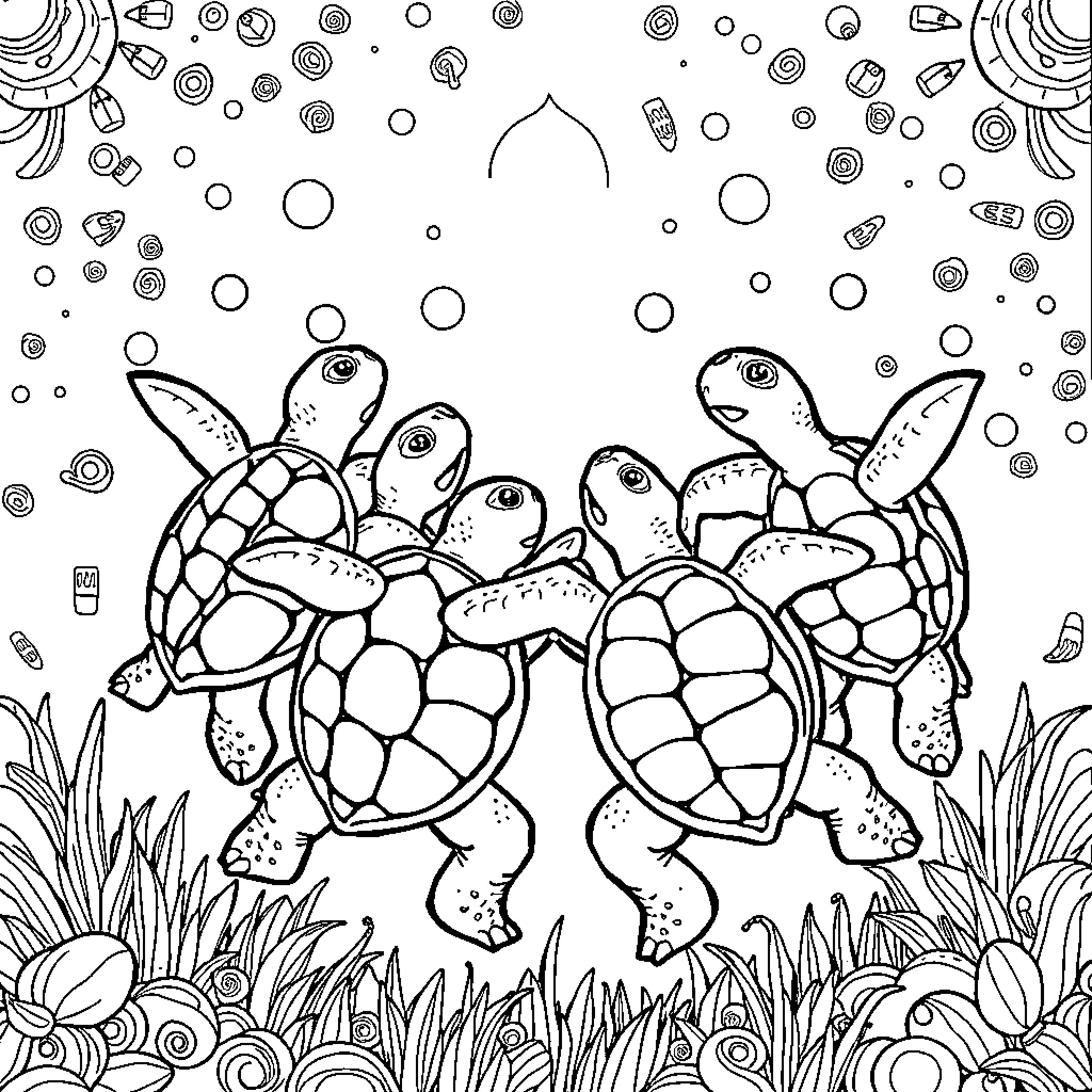 Turtle gathering with friends in underwater landscape Coloring Page (free black-and-white line drawing printable PDF for all, from beginners to advanced learners, including children, teens, adults, and seniors)