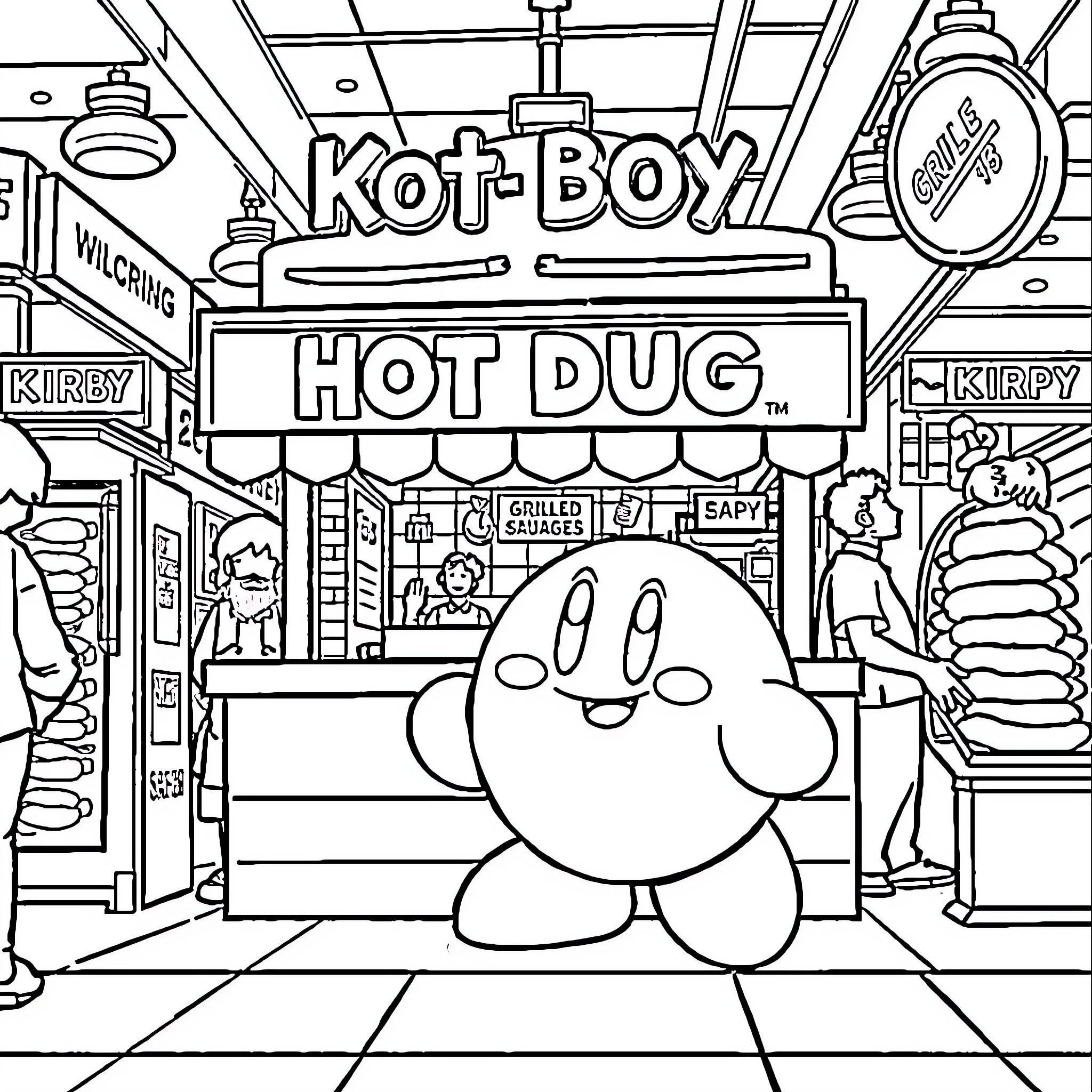 Kirby at the Hot Dog Stand Coloring Page (free black-and-white line drawing printable PDF for all, from beginners to advanced learners, including children, teens, adults, and seniors)
