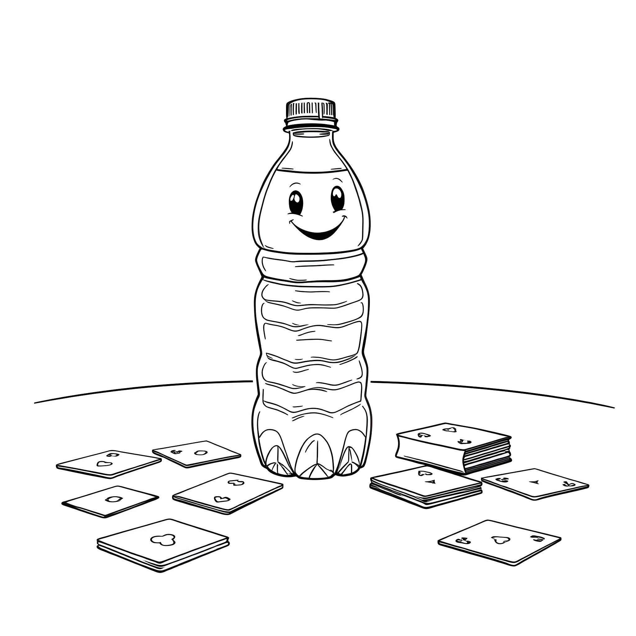 Water Bottle interacting with playing cards Coloring Page (free black-and-white line drawing printable PDF for all, from beginners to advanced learners, including children, teens, adults, and seniors)