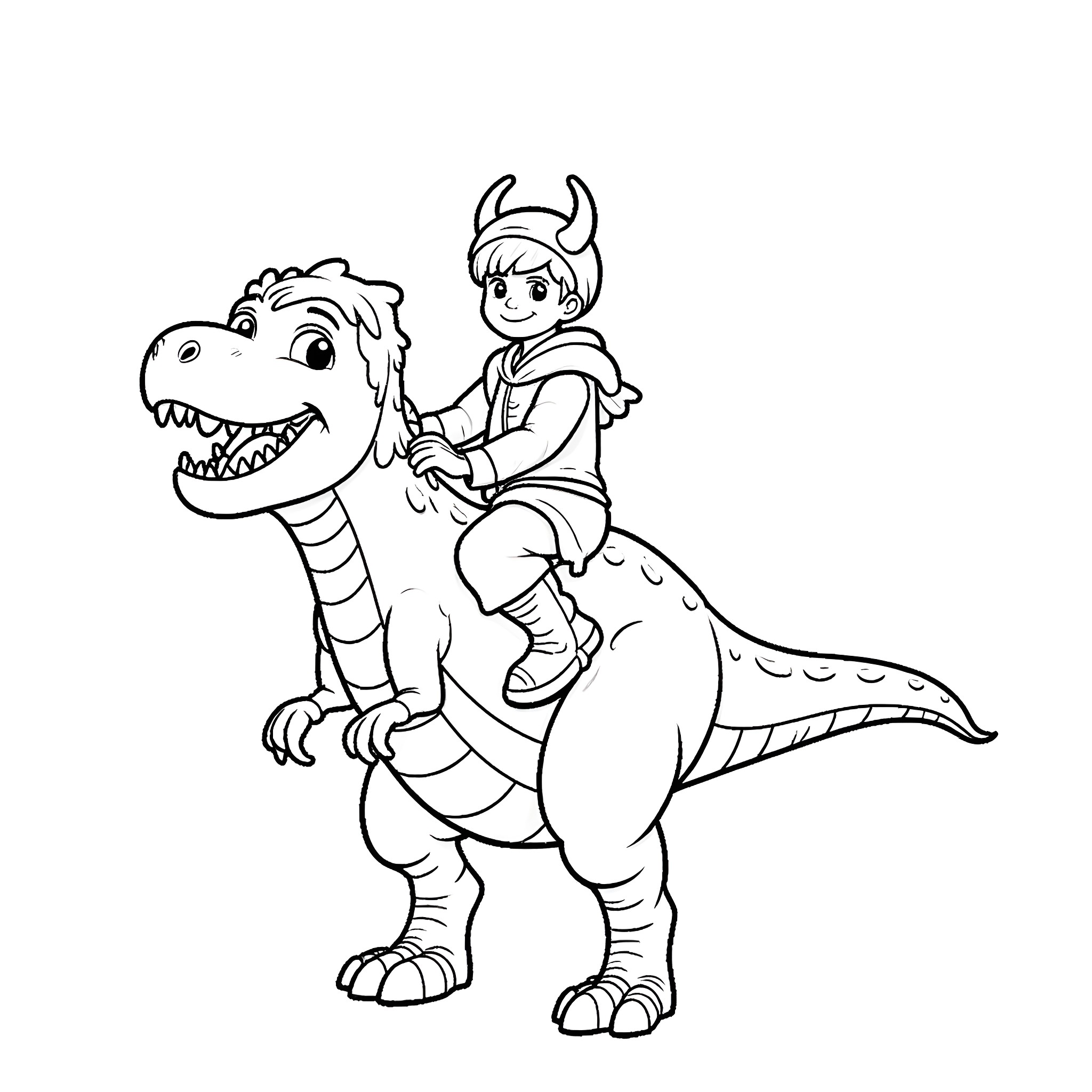 Viking Riding a Friendly Dinosaur Coloring Page (free black-and-white line drawing printable PDF for all, from beginners to advanced learners, including children, teens, adults, and seniors)