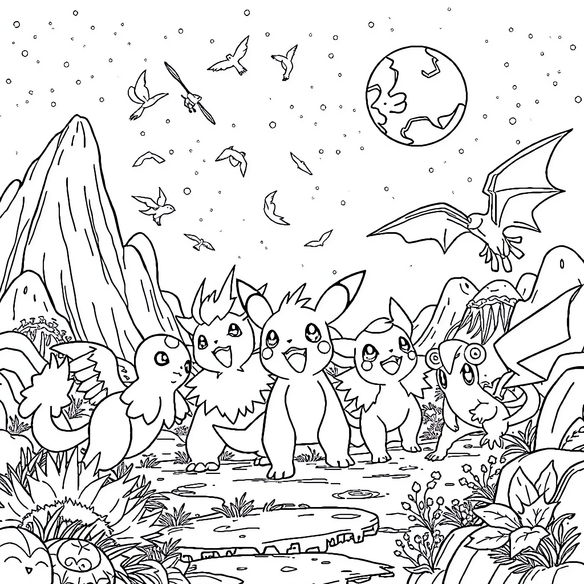 Pokémon characters exploring a magical fantasy world Coloring Page (free black-and-white line drawing printable PDF for all, from beginners to advanced learners, including children, teens, adults, and seniors)