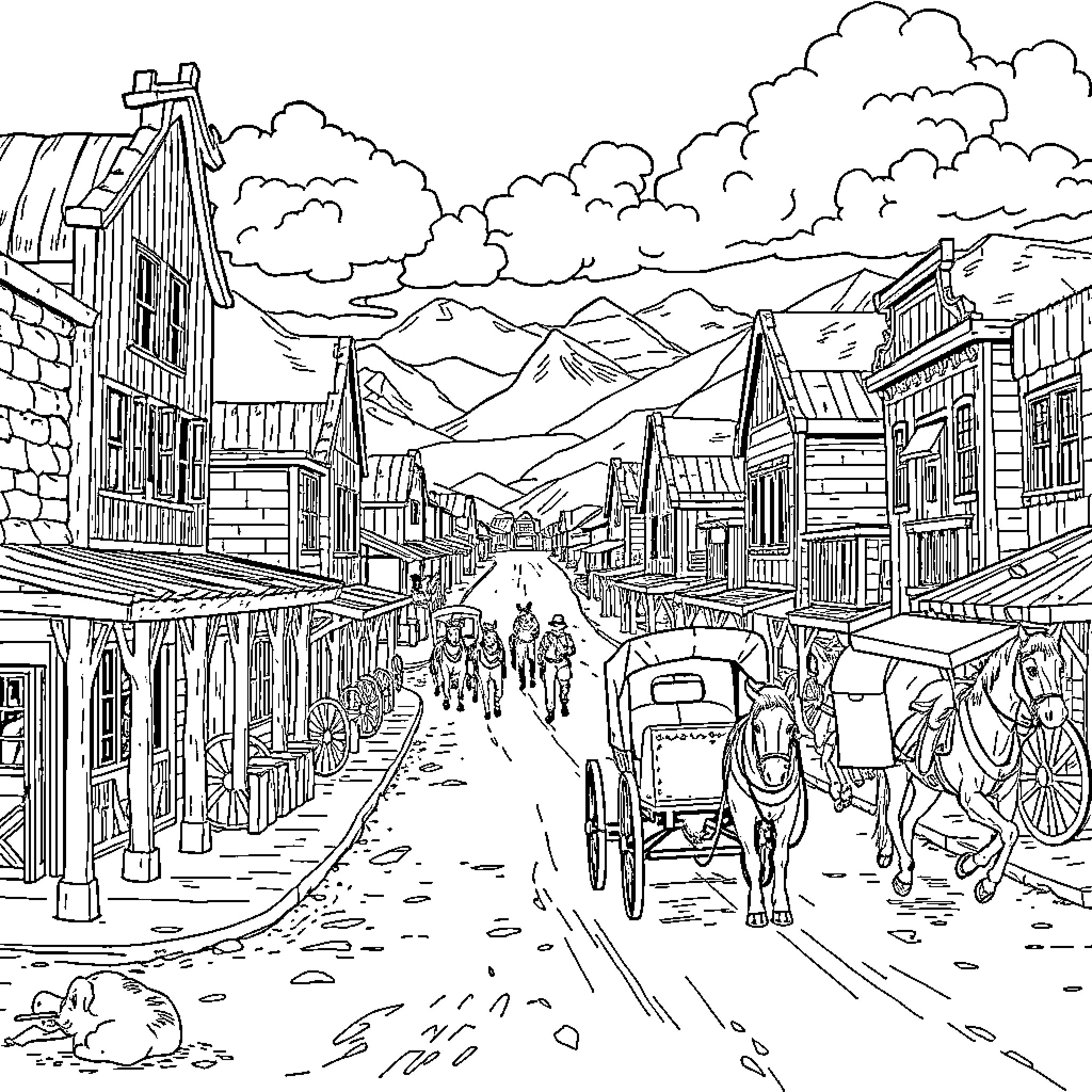 Town bustling with people, horses, and carriages on a busy street Coloring Page (free black-and-white line drawing printable PDF for all, from beginners to advanced learners, including children, teens, adults, and seniors)