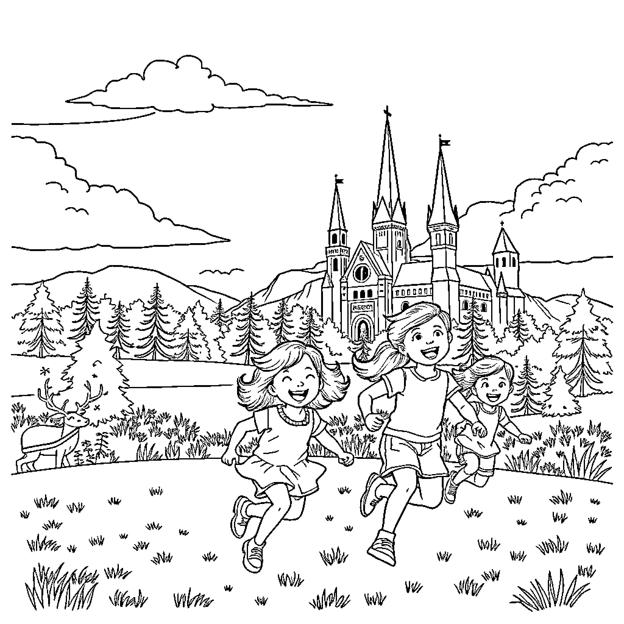Kid's fun adventure in a fairytale landscape Coloring Page (free black-and-white line drawing printable PDF for all, from beginners to advanced learners, including children, teens, adults, and seniors)