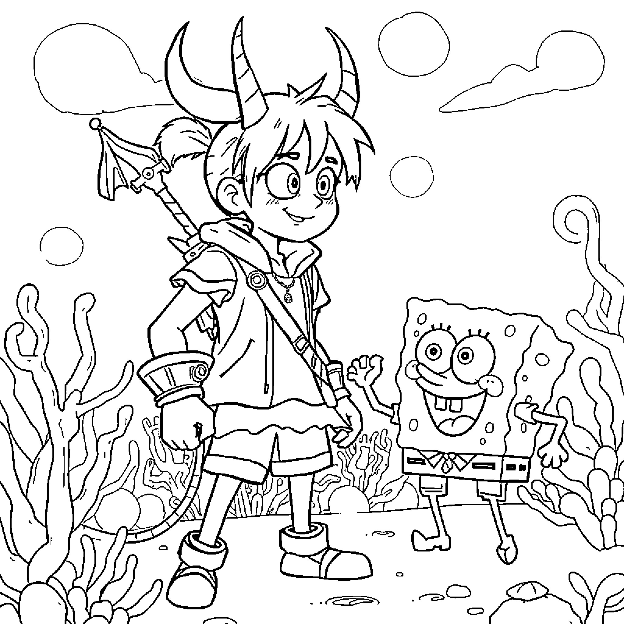 Rumi's Oceanic Adventure with Spongebob Coloring Page (free black-and-white line drawing printable PDF for all, from beginners to advanced learners, including children, teens, adults, and seniors)