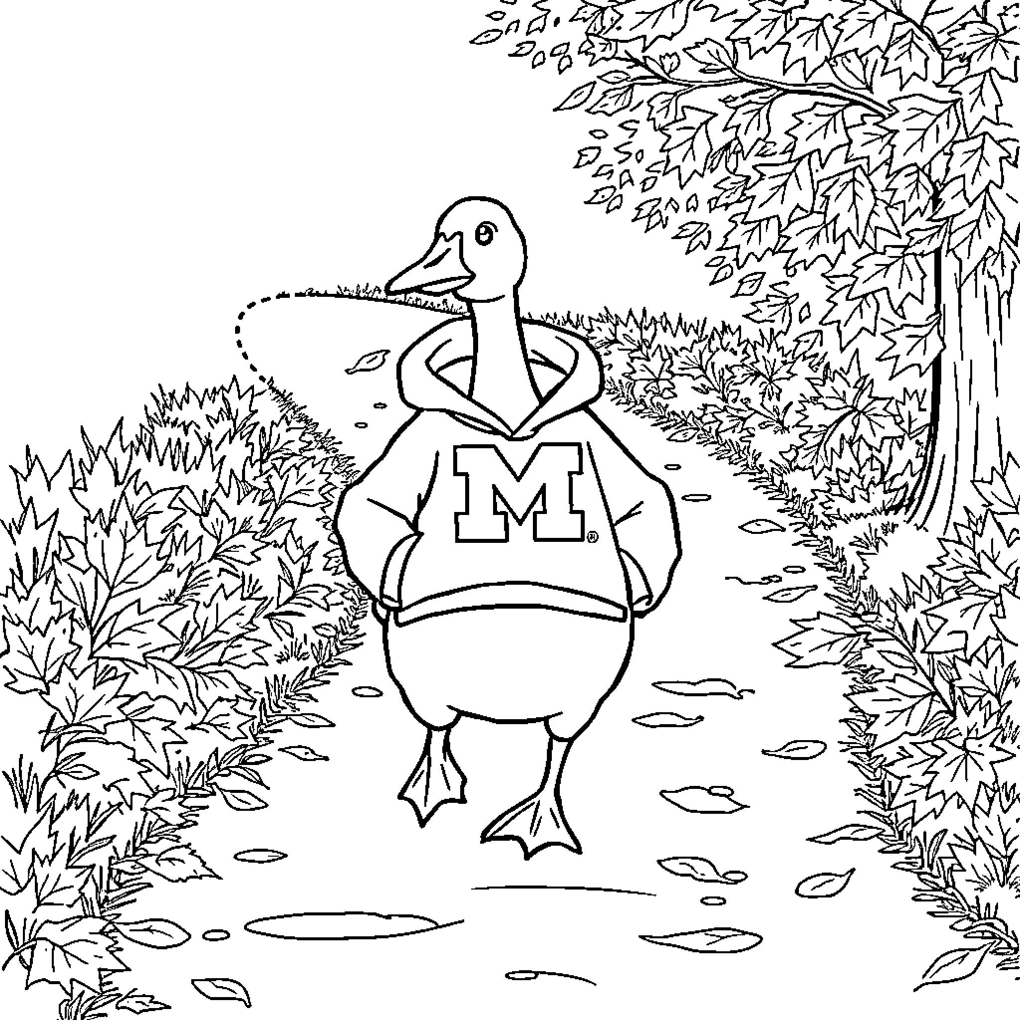 Goose walking on path through autumn leaves Coloring Page (free black-and-white line drawing printable PDF for all, from beginners to advanced learners, including children, teens, adults, and seniors)