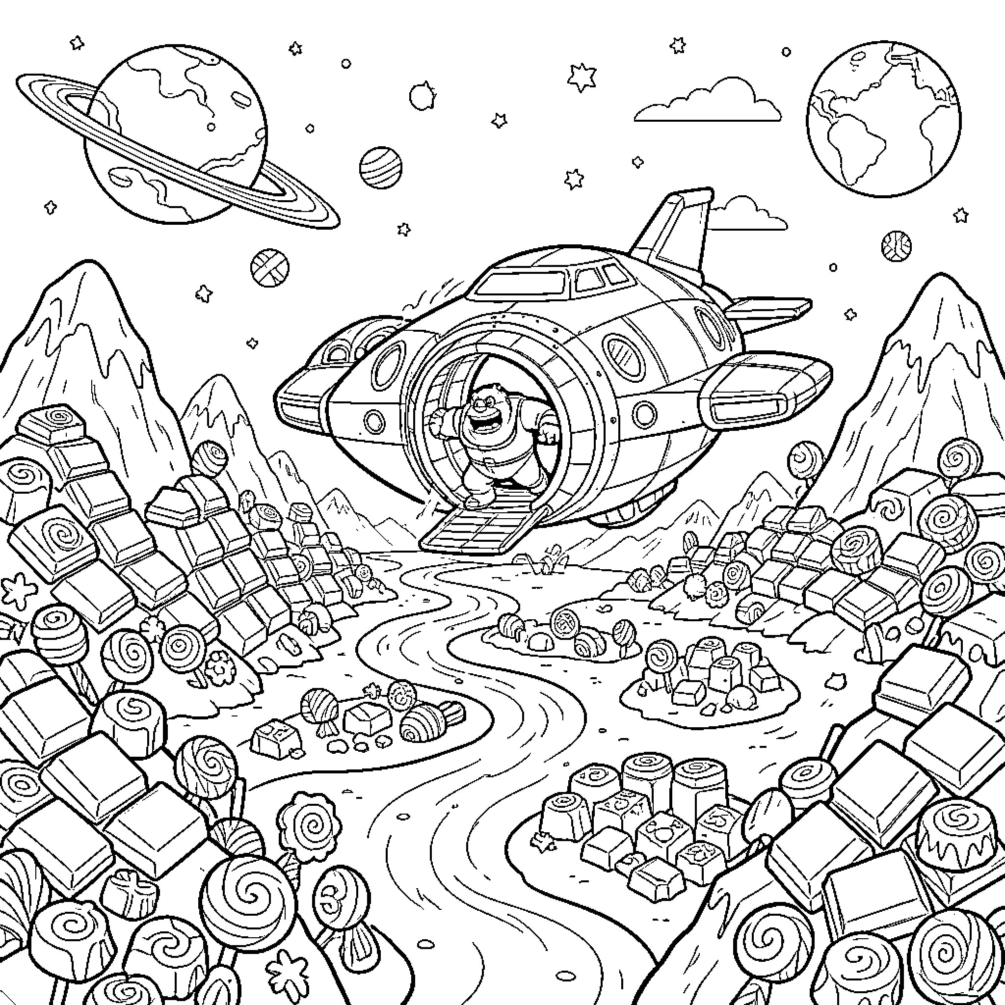 Zurg's Intergalactic Exploration: A Futuristic Journey Coloring Page (free black-and-white line drawing printable PDF for all, from beginners to advanced learners, including children, teens, adults, and seniors)