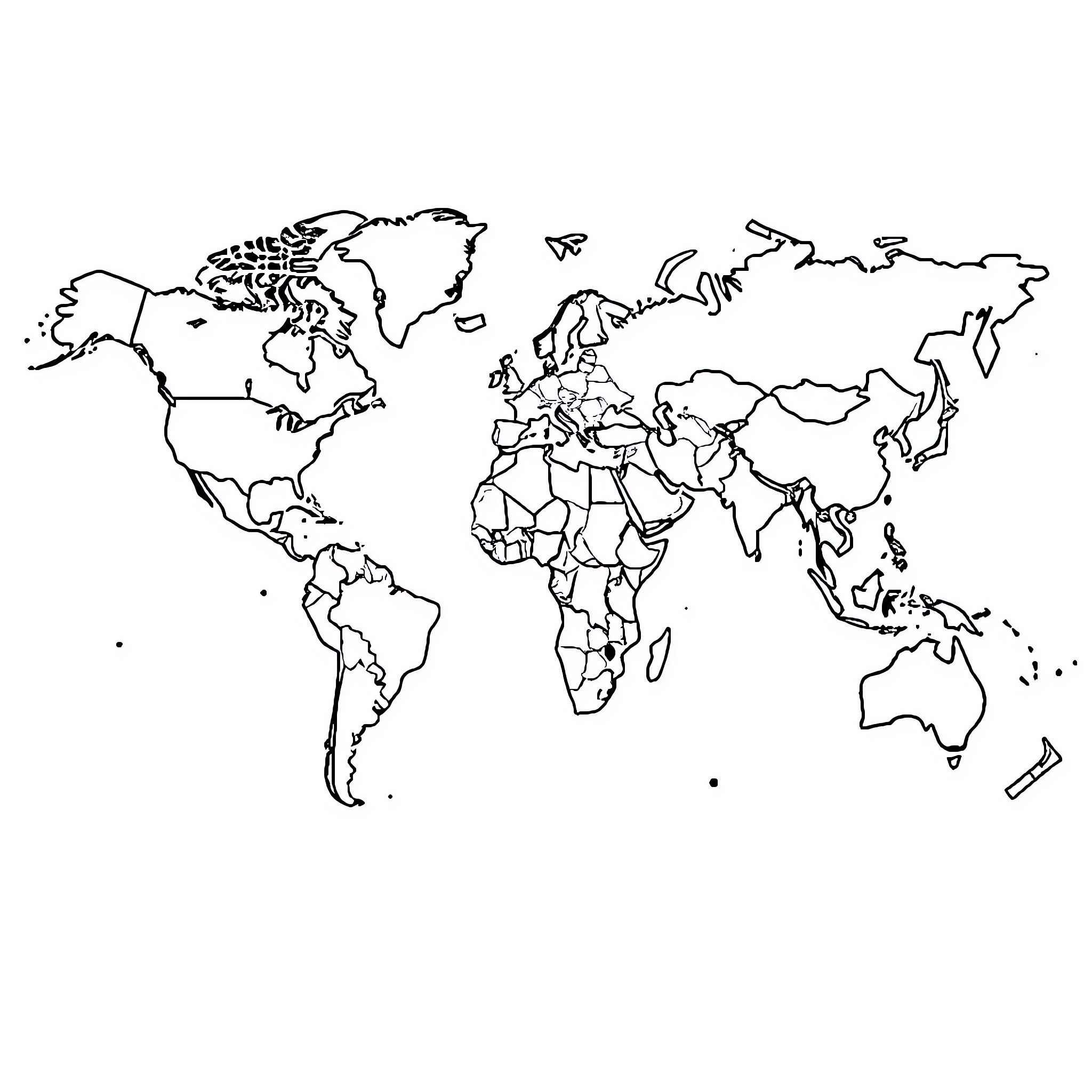 World Map Outline with Continents and Countries Coloring Page (free black-and-white line drawing printable PDF for all, from beginners to advanced learners, including children, teens, adults, and seniors)