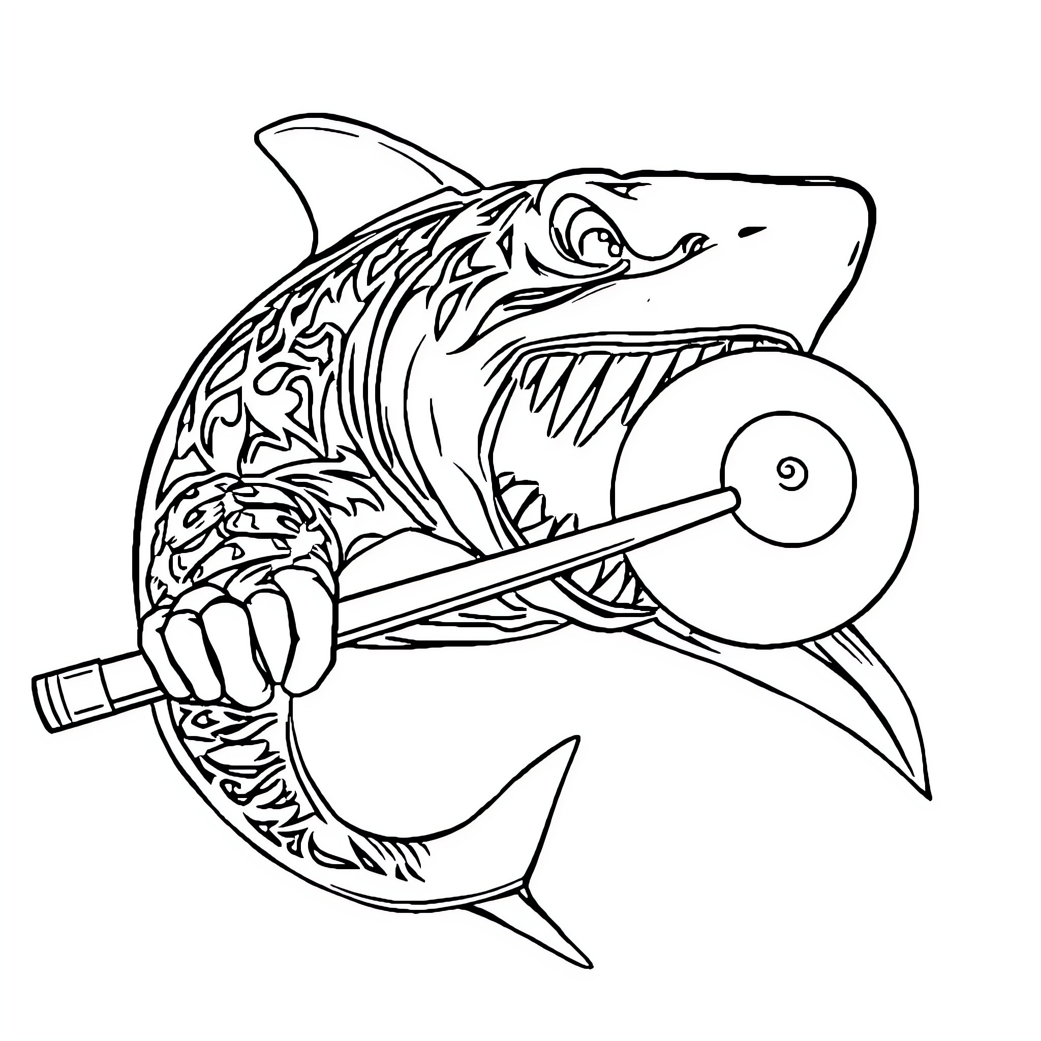 Shark attacking with sharp tool Coloring Page (free black-and-white line drawing printable PDF for all, from beginners to advanced learners, including children, teens, adults, and seniors)