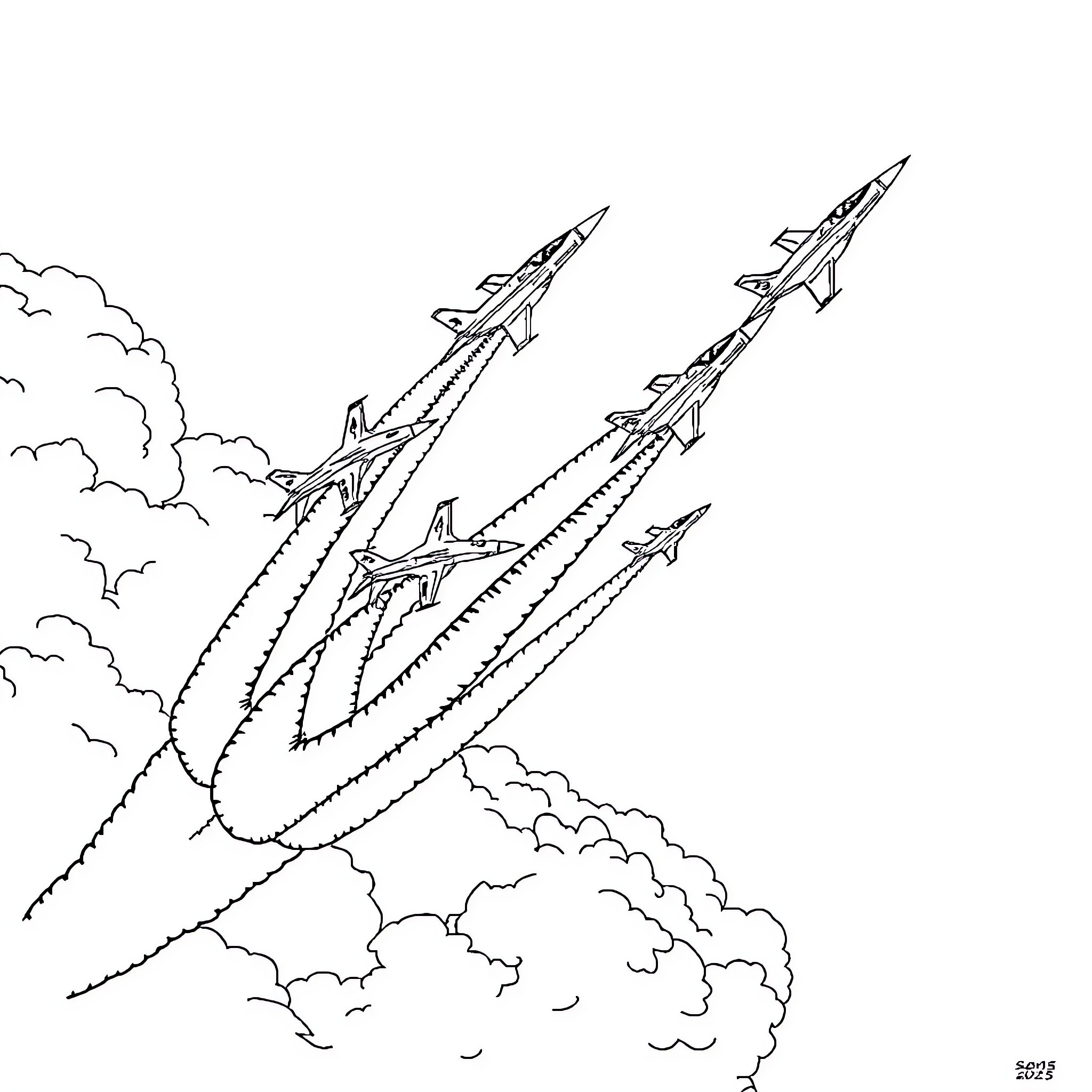 Jet fighters soaring through the sky Coloring Page (free black-and-white line drawing printable PDF for all, from beginners to advanced learners, including children, teens, adults, and seniors)