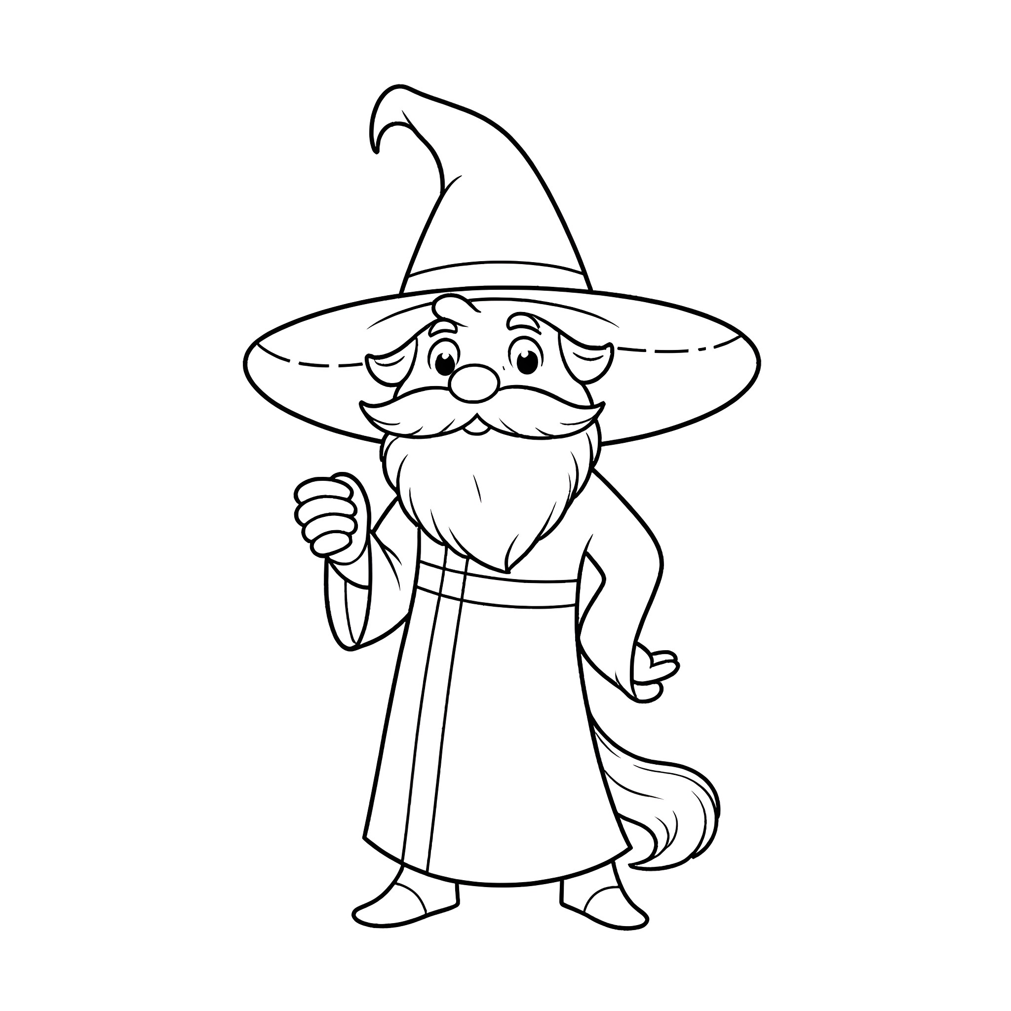 Wizard in Whimsical Robes and Hat Coloring Page (free black-and-white line drawing printable PDF for all, from beginners to advanced learners, including children, teens, adults, and seniors)