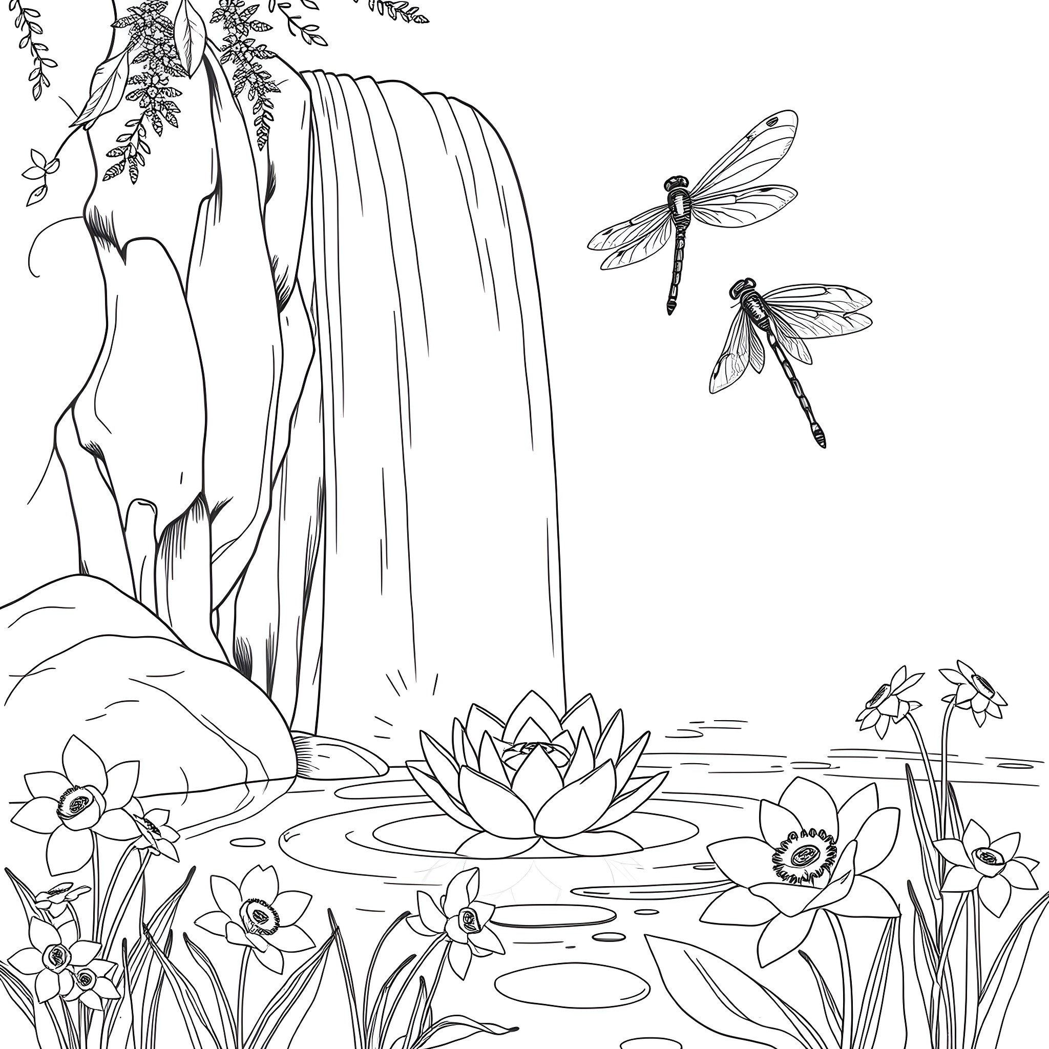 Dragonflies dancing near a serene waterfall Coloring Page (free black-and-white line drawing printable PDF for all, from beginners to advanced learners, including children, teens, adults, and seniors)