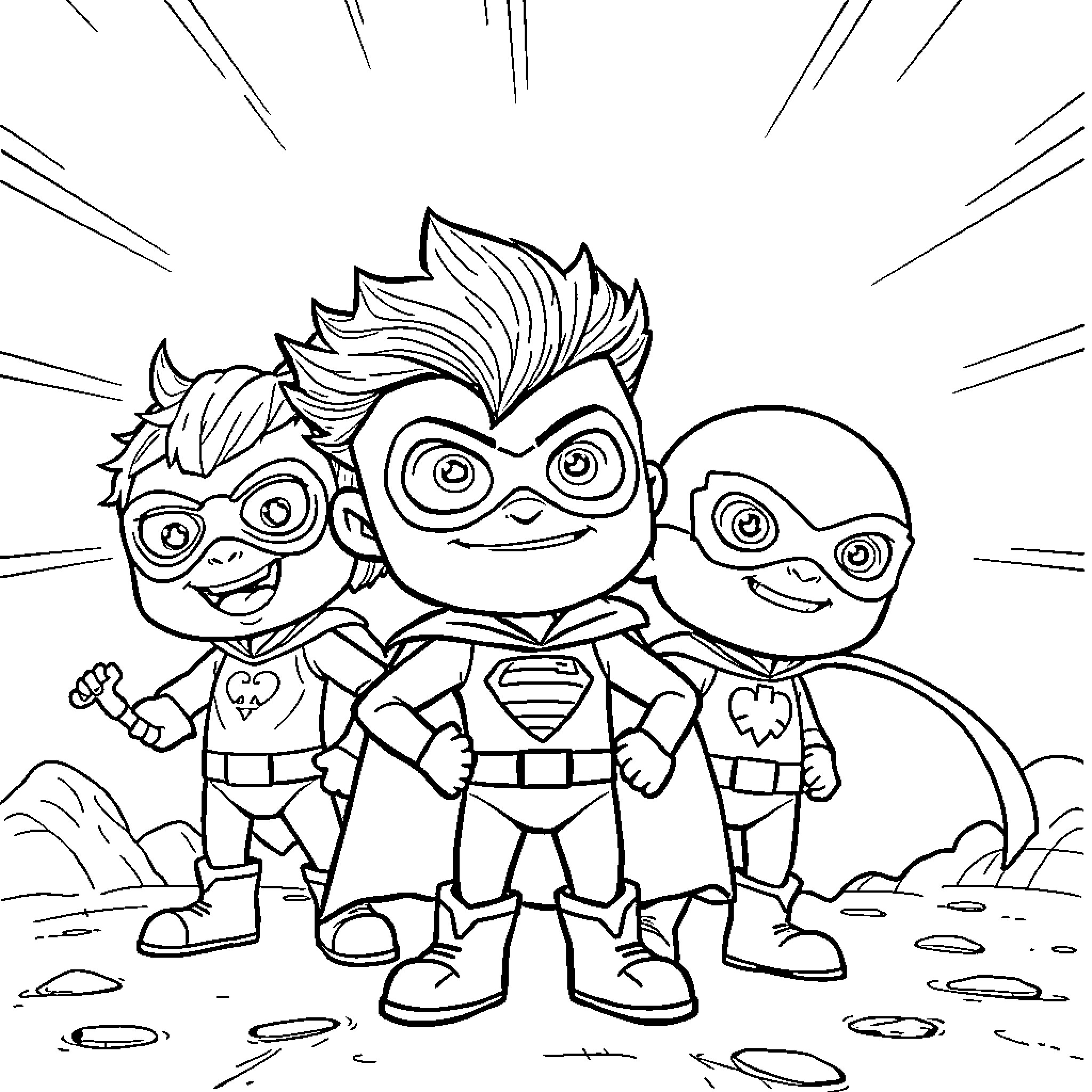 Superzing trio of superheroes posing together Coloring Page (free black-and-white line drawing printable PDF for all, from beginners to advanced learners, including children, teens, adults, and seniors)