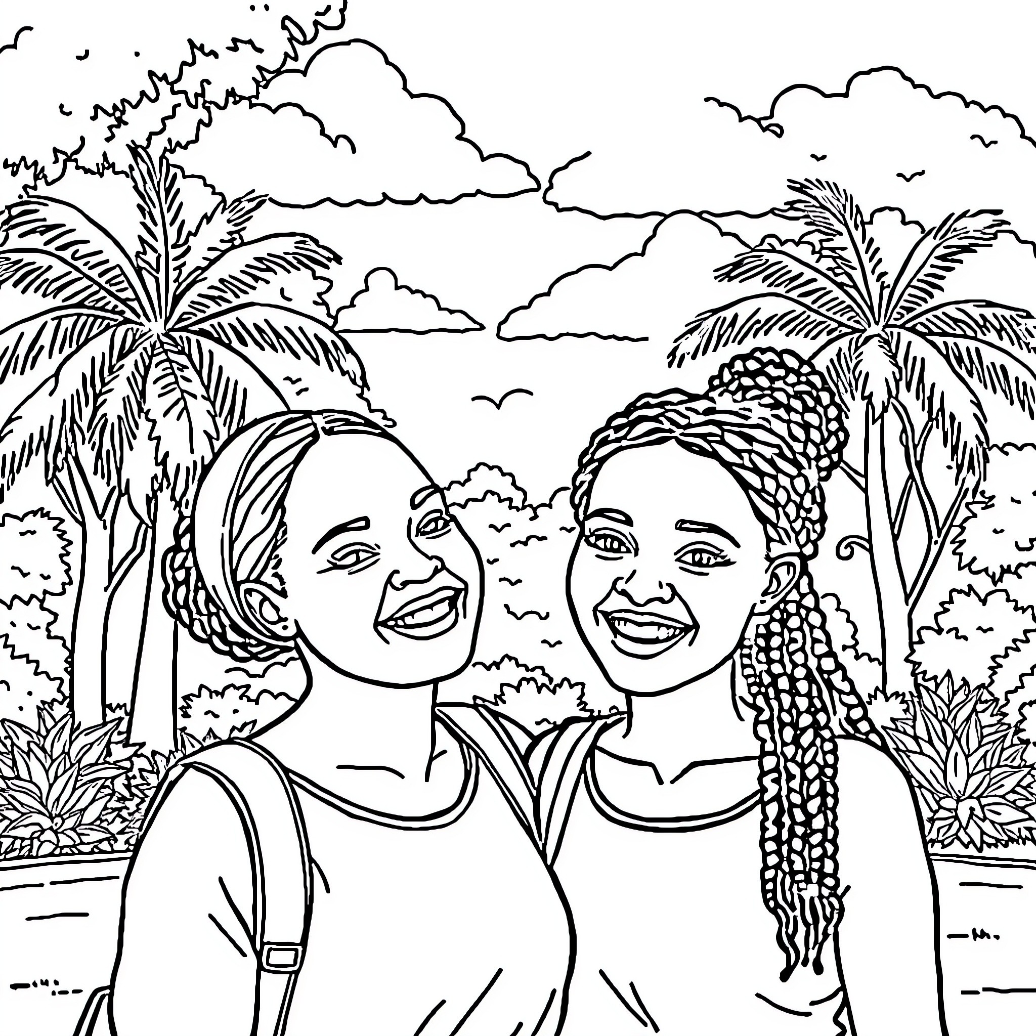Mom and daughter enjoying a tropical vacation Coloring Page (free black-and-white line drawing printable PDF for all, from beginners to advanced learners, including children, teens, adults, and seniors)