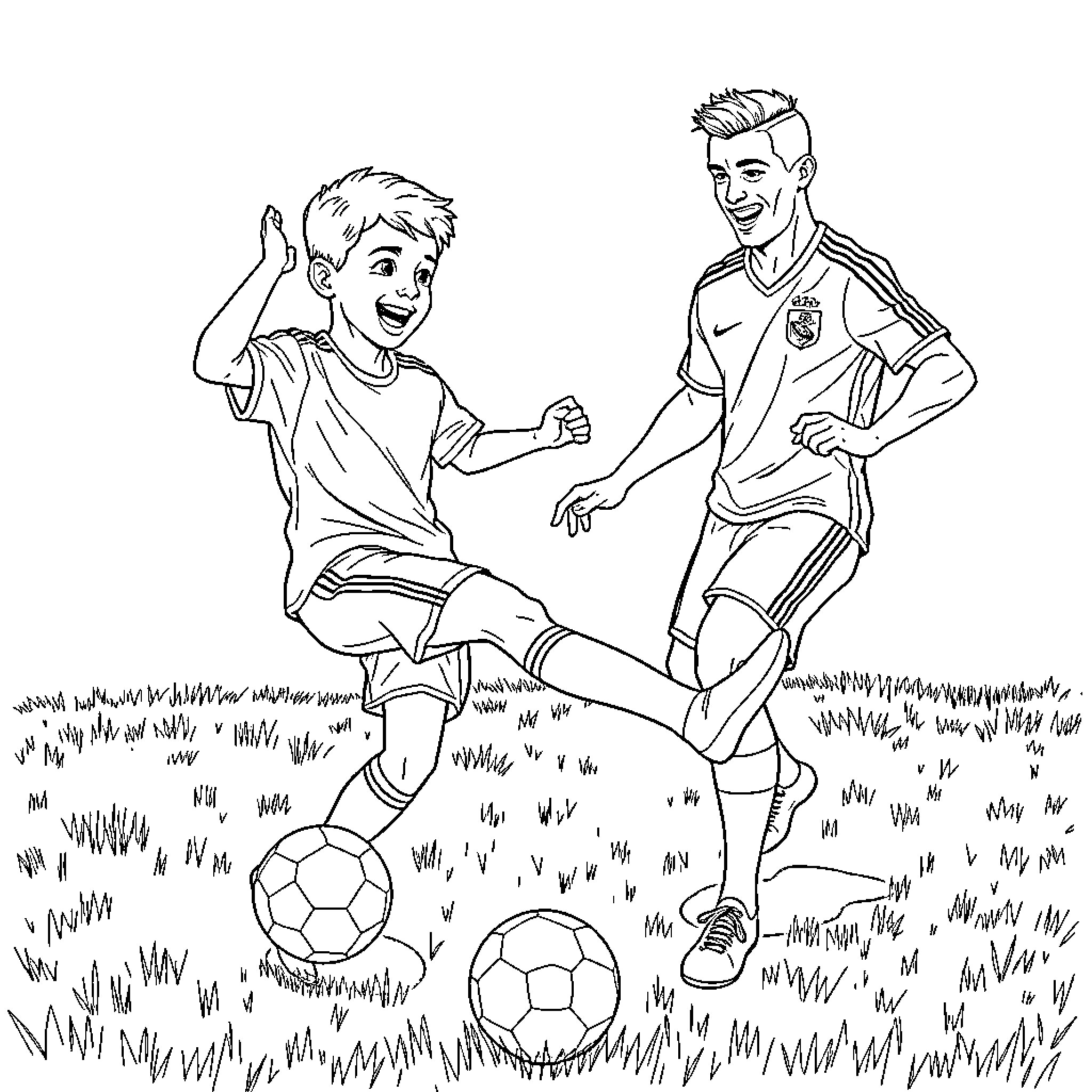 Boy playing soccer with adult male player on grassy field Coloring Page (free black-and-white line drawing printable PDF for all, from beginners to advanced learners, including children, teens, adults, and seniors)