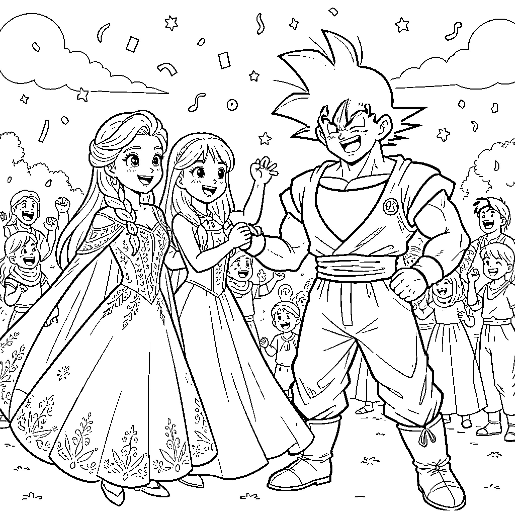 Elsa smiling and celebrating with friends in a crowd Coloring Page (free black-and-white line drawing printable PDF for all, from beginners to advanced learners, including children, teens, adults, and seniors)