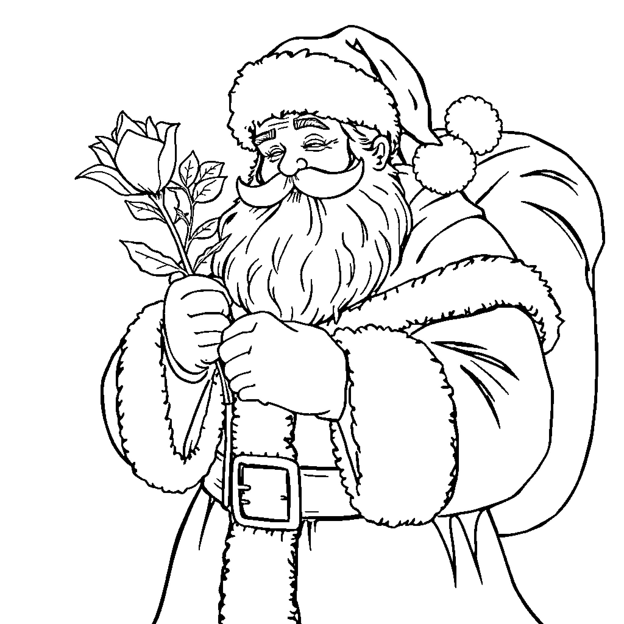 Père Noël carrying sack of gifts and flower Coloring Page (free black-and-white line drawing printable PDF for all, from beginners to advanced learners, including children, teens, adults, and seniors)