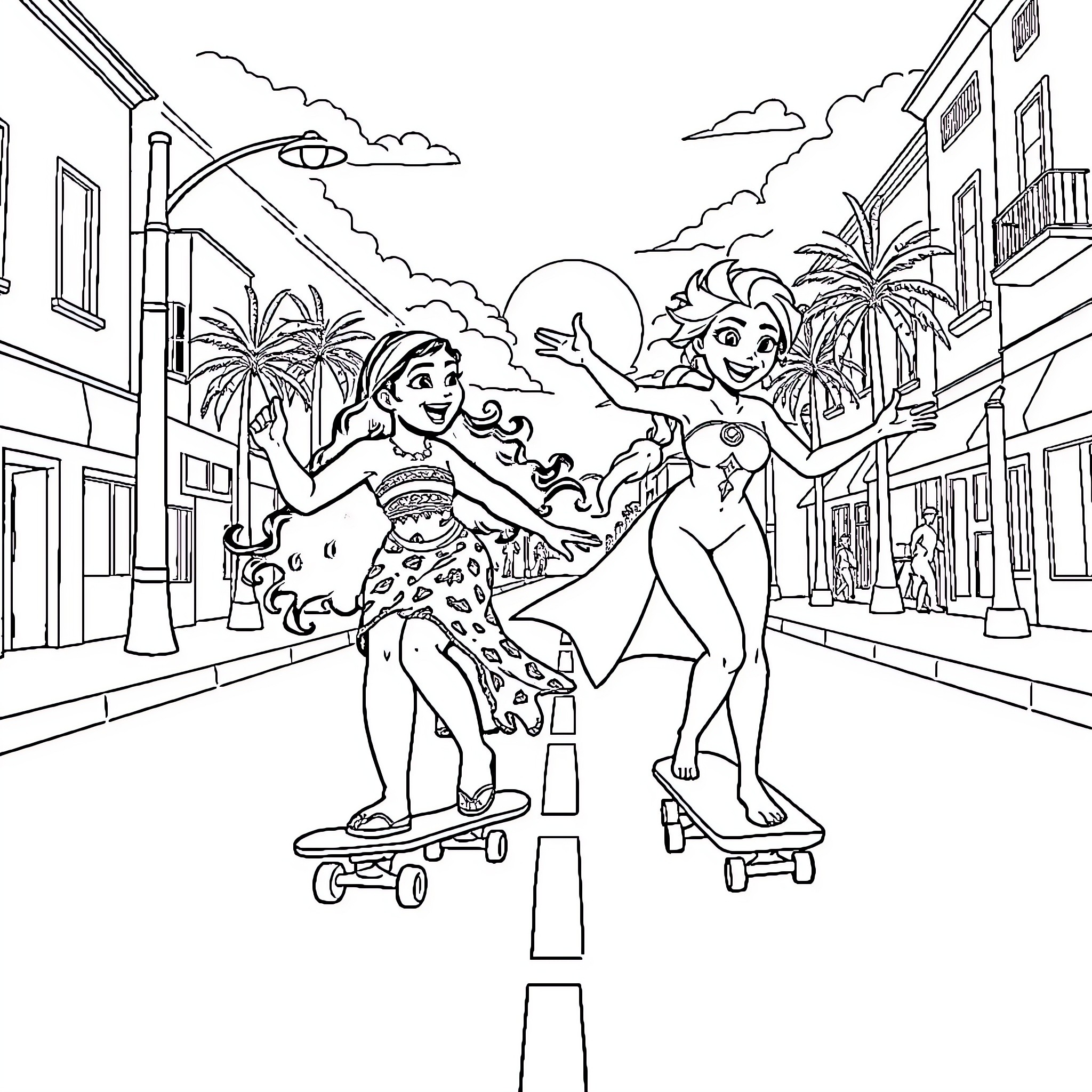 Moana and Maui skateboarding through a tropical town Coloring Page (free black-and-white line drawing printable PDF for all, from beginners to advanced learners, including children, teens, adults, and seniors)