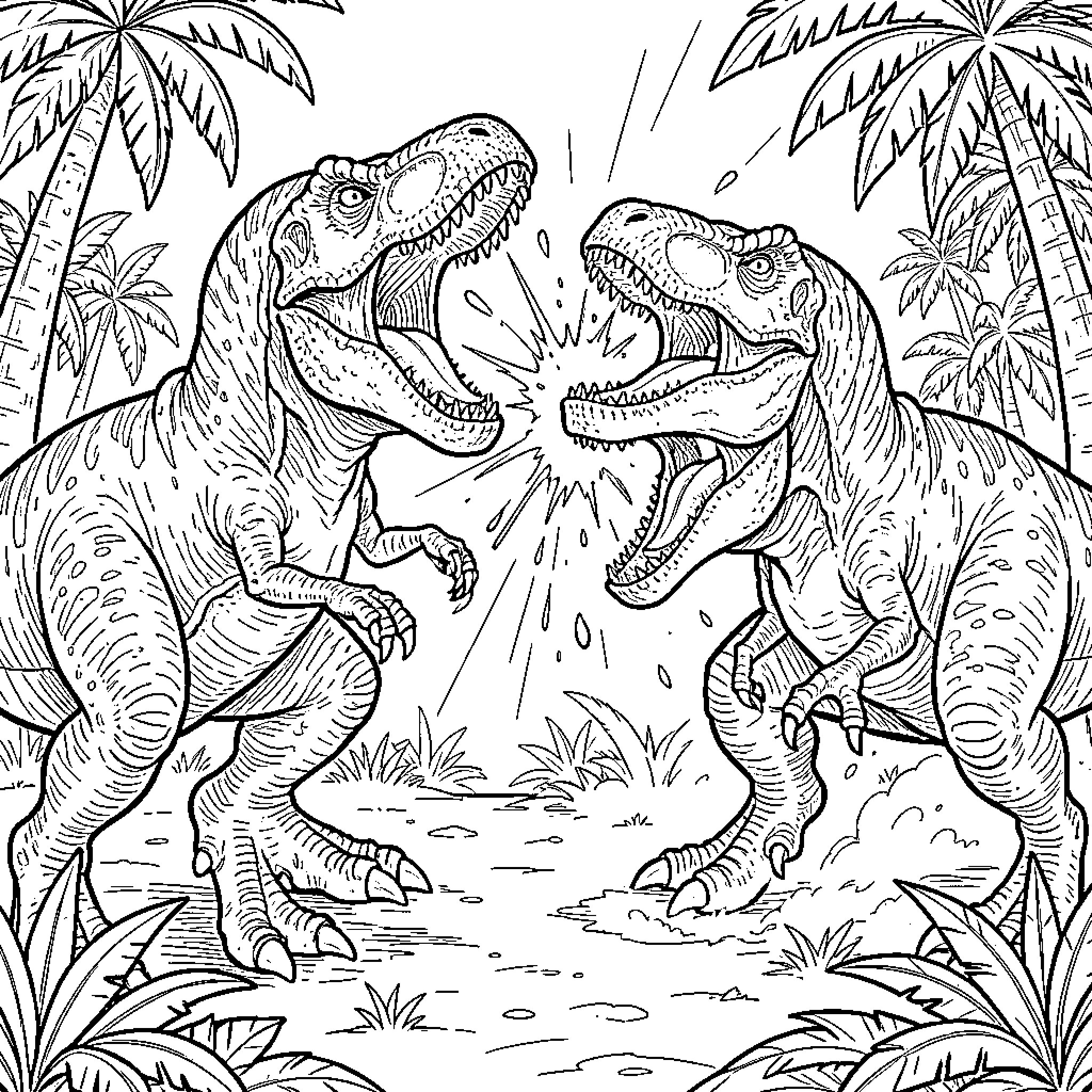 Dinosaur Clash in Prehistoric Jungle Coloring Page (free black-and-white line drawing printable PDF for all, from beginners to advanced learners, including children, teens, adults, and seniors)