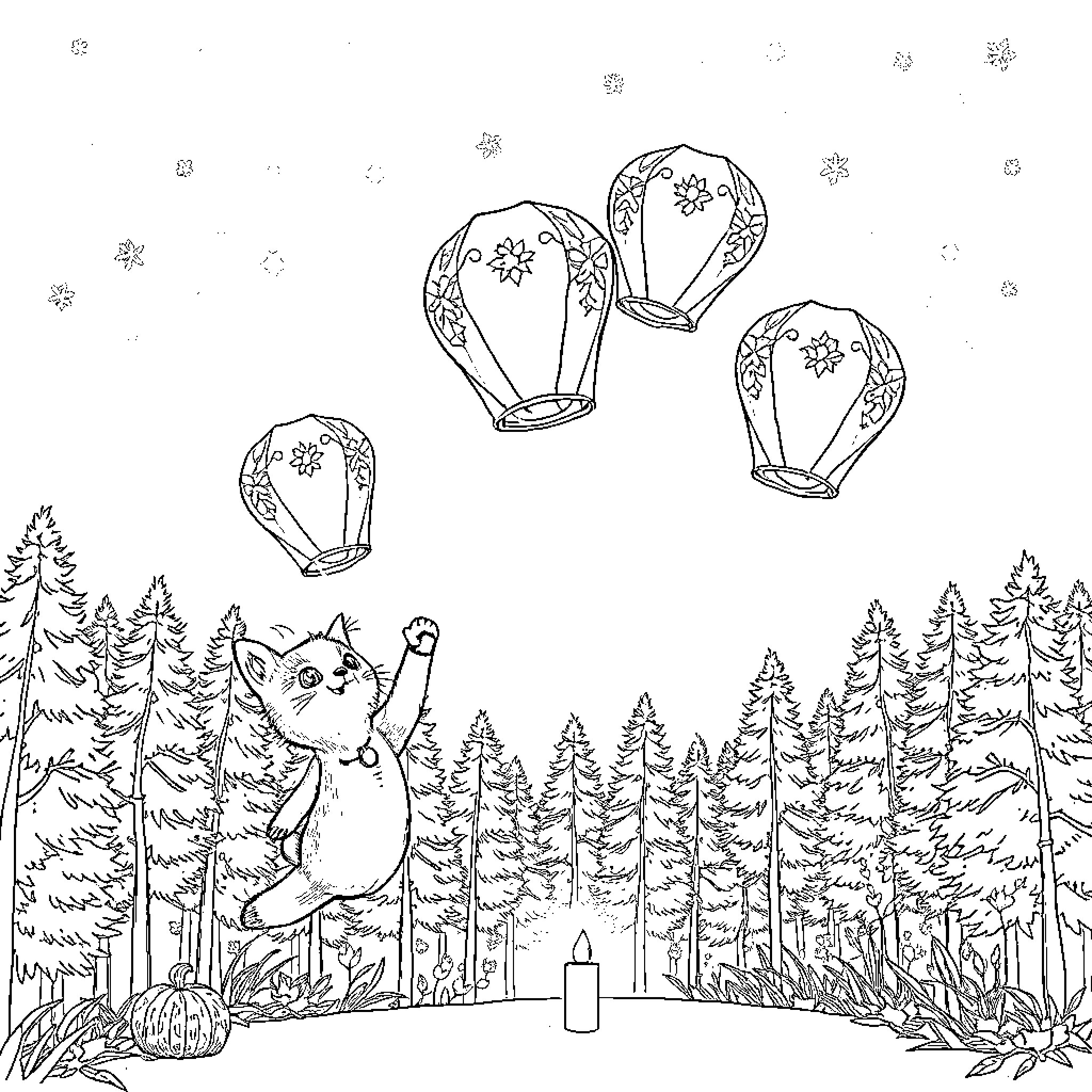 Kitten and Deer in Festive Balloon Ride Coloring Page (free black-and-white line drawing printable PDF for all, from beginners to advanced learners, including children, teens, adults, and seniors)