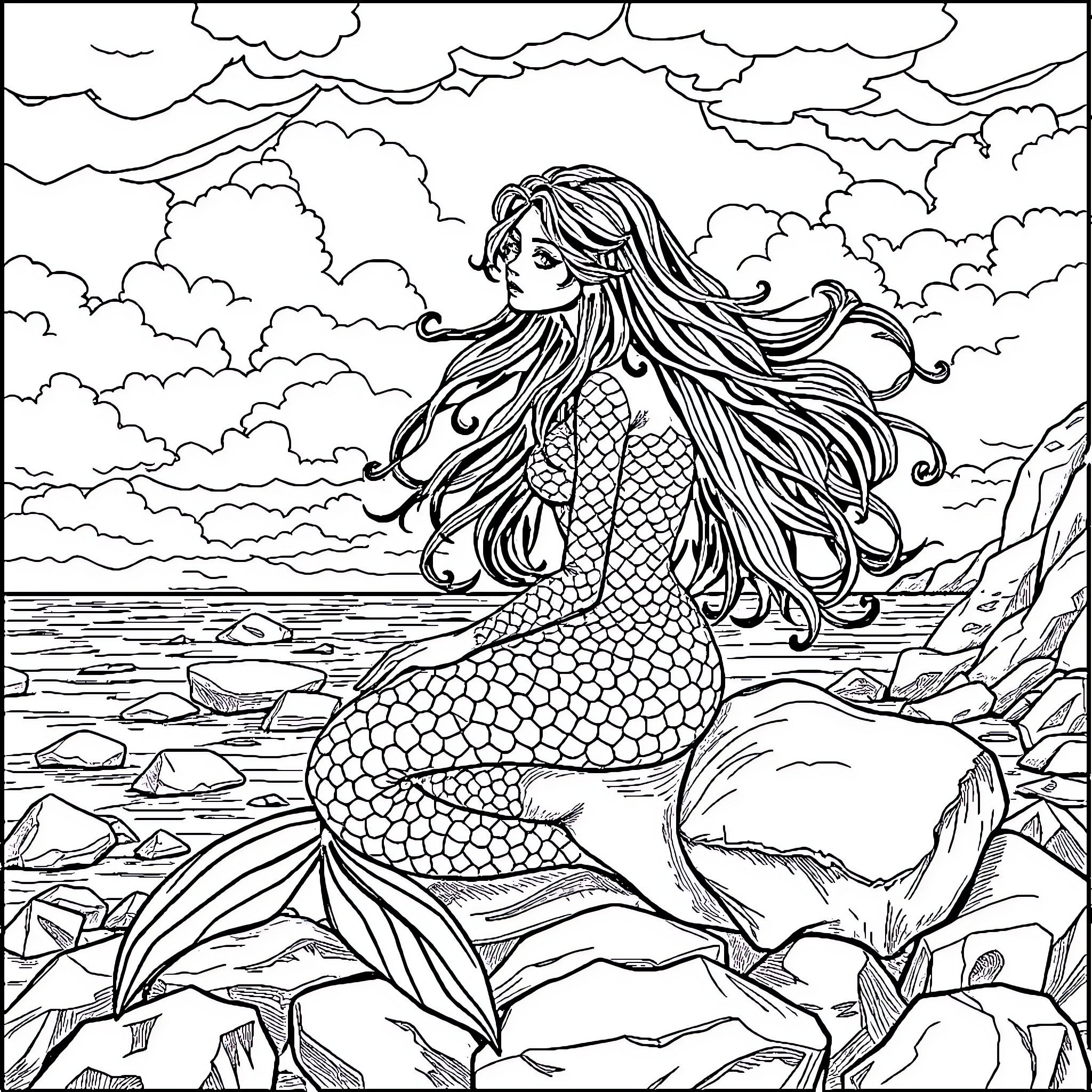 Mermaid enjoying the stormy sea Coloring Page (free black-and-white line drawing printable PDF for all, from beginners to advanced learners, including children, teens, adults, and seniors)