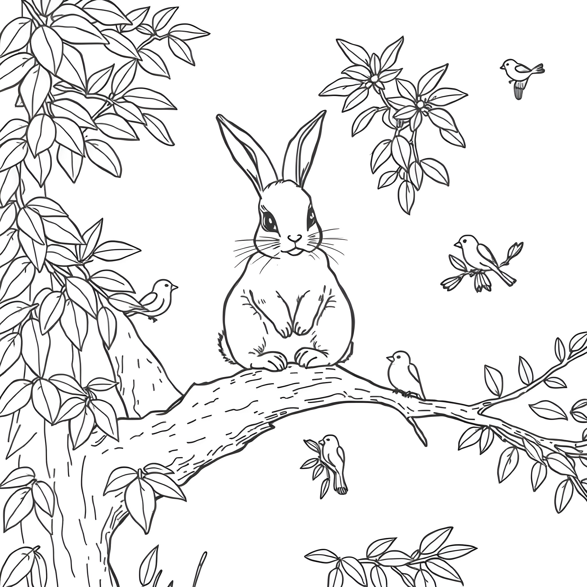 Bunny resting in nature amidst flowers and birds Coloring Page (free black-and-white line drawing printable PDF for all, from beginners to advanced learners, including children, teens, adults, and seniors)