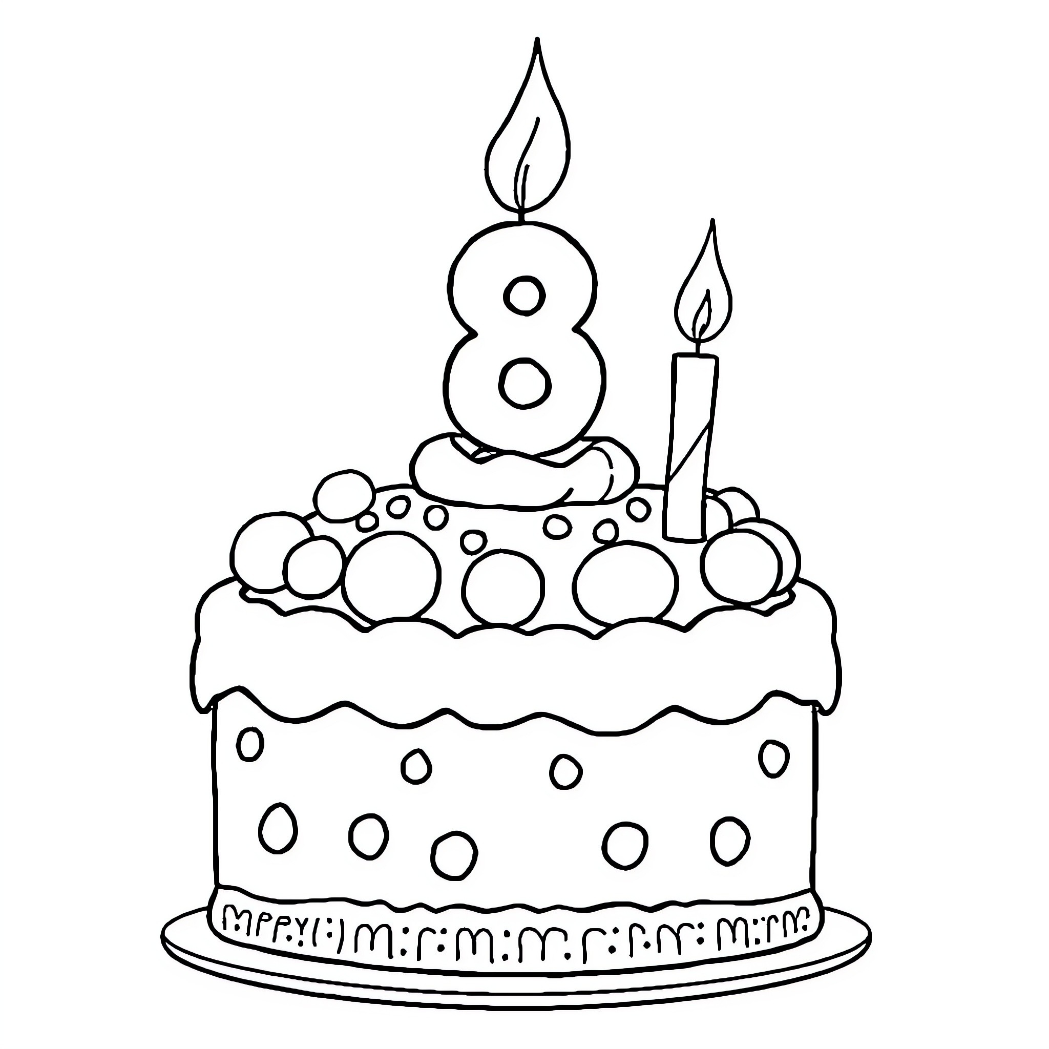 Birthday Cake with Candle and Decoration Coloring Page (free black-and-white line drawing printable PDF for all, from beginners to advanced learners, including children, teens, adults, and seniors)