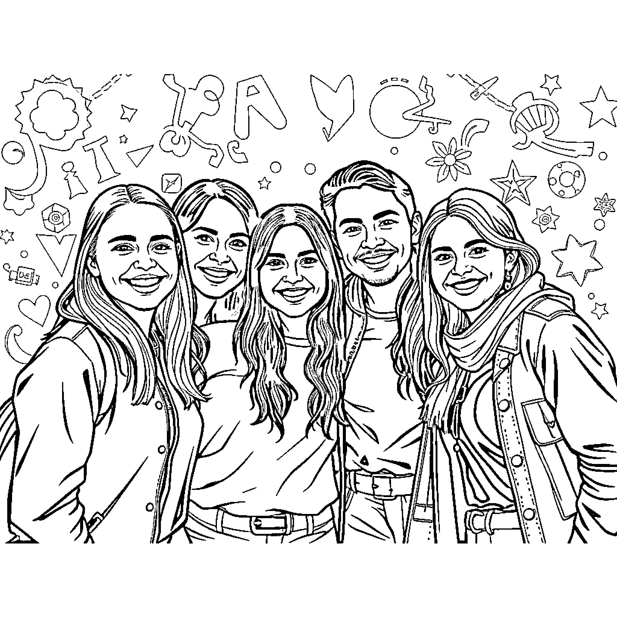 Katseye Family Portrait with Playful Symbols Coloring Page (free black-and-white line drawing printable PDF for all, from beginners to advanced learners, including children, teens, adults, and seniors)