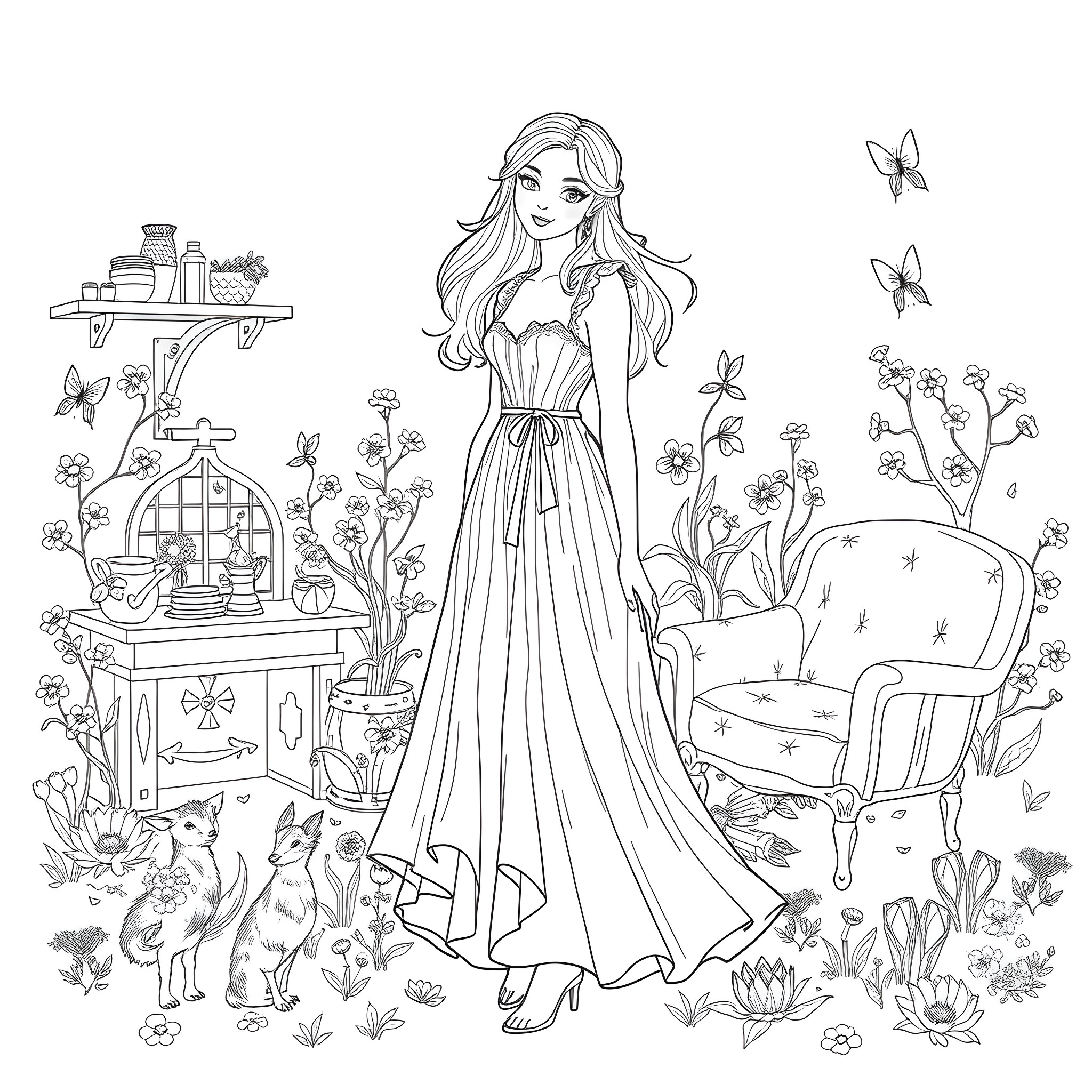 Woman standing in a whimsical garden with butterflies Coloring Page (free black-and-white line drawing printable PDF for all, from beginners to advanced learners, including children, teens, adults, and seniors)