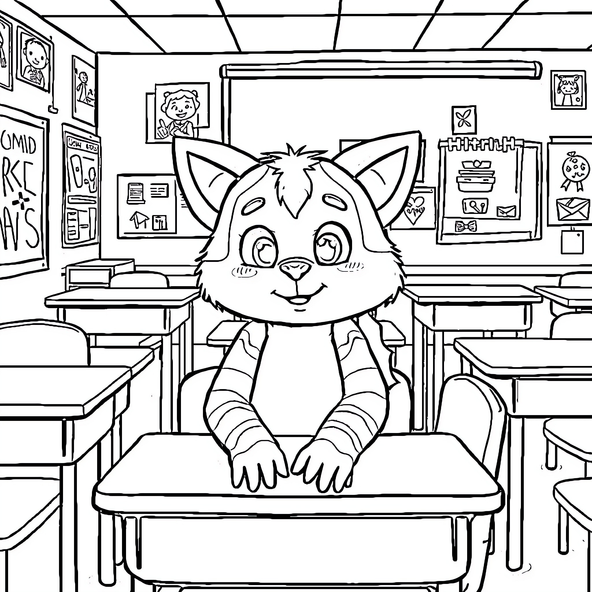 Kitou's Classroom Adventures Coloring Page (free black-and-white line drawing printable PDF for all, from beginners to advanced learners, including children, teens, adults, and seniors)