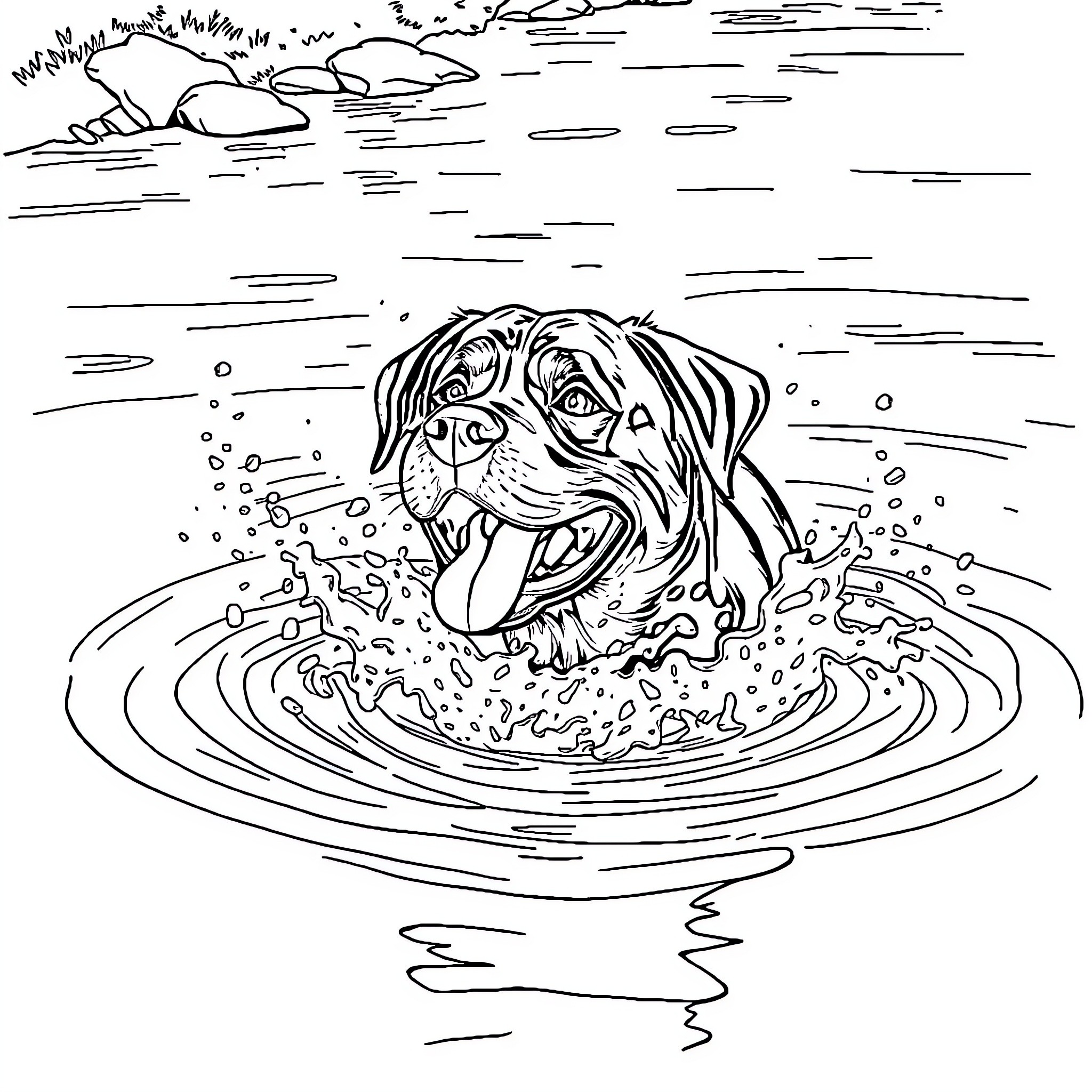Rottweiler splashing in the water Coloring Page (free black-and-white line drawing printable PDF for all, from beginners to advanced learners, including children, teens, adults, and seniors)