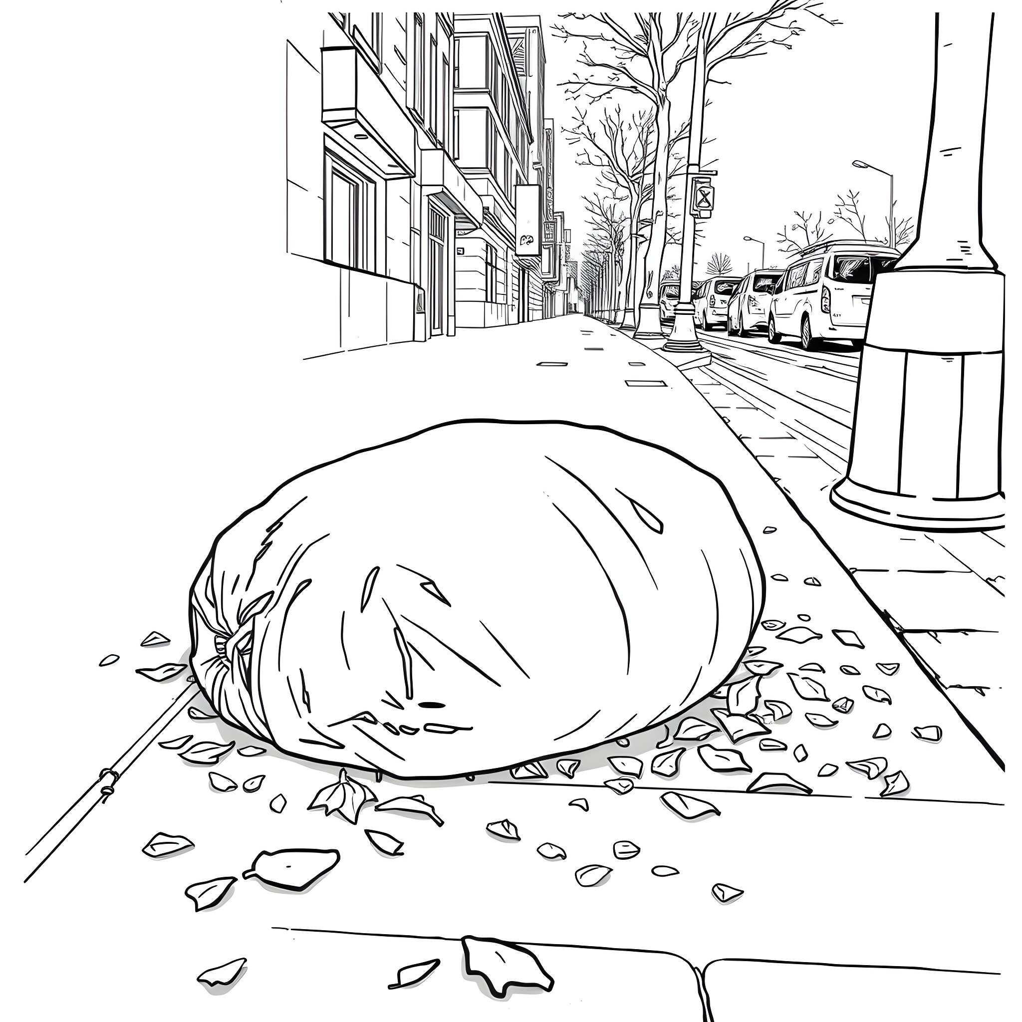 Turd Abandoned on the City Street Coloring Page (free black-and-white line drawing printable PDF for all, from beginners to advanced learners, including children, teens, adults, and seniors)