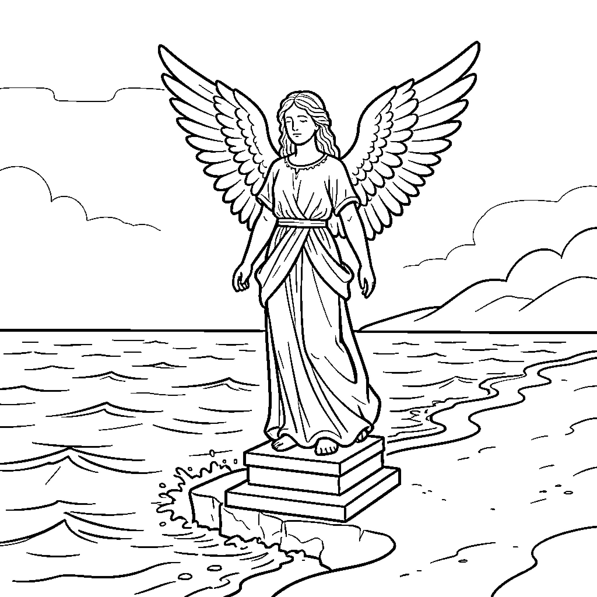 Angel standing majestically on a pedestal by the sea Coloring Page (free black-and-white line drawing printable PDF for all, from beginners to advanced learners, including children, teens, adults, and seniors)