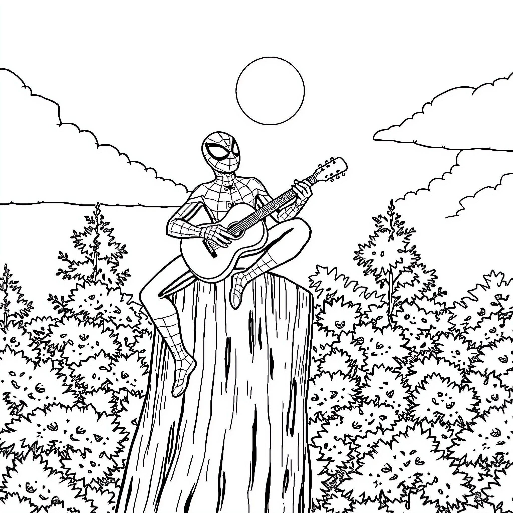 Spiderman playing guitar in a serene nature scene Coloring Page (free black-and-white line drawing printable PDF for all, from beginners to advanced learners, including children, teens, adults, and seniors)