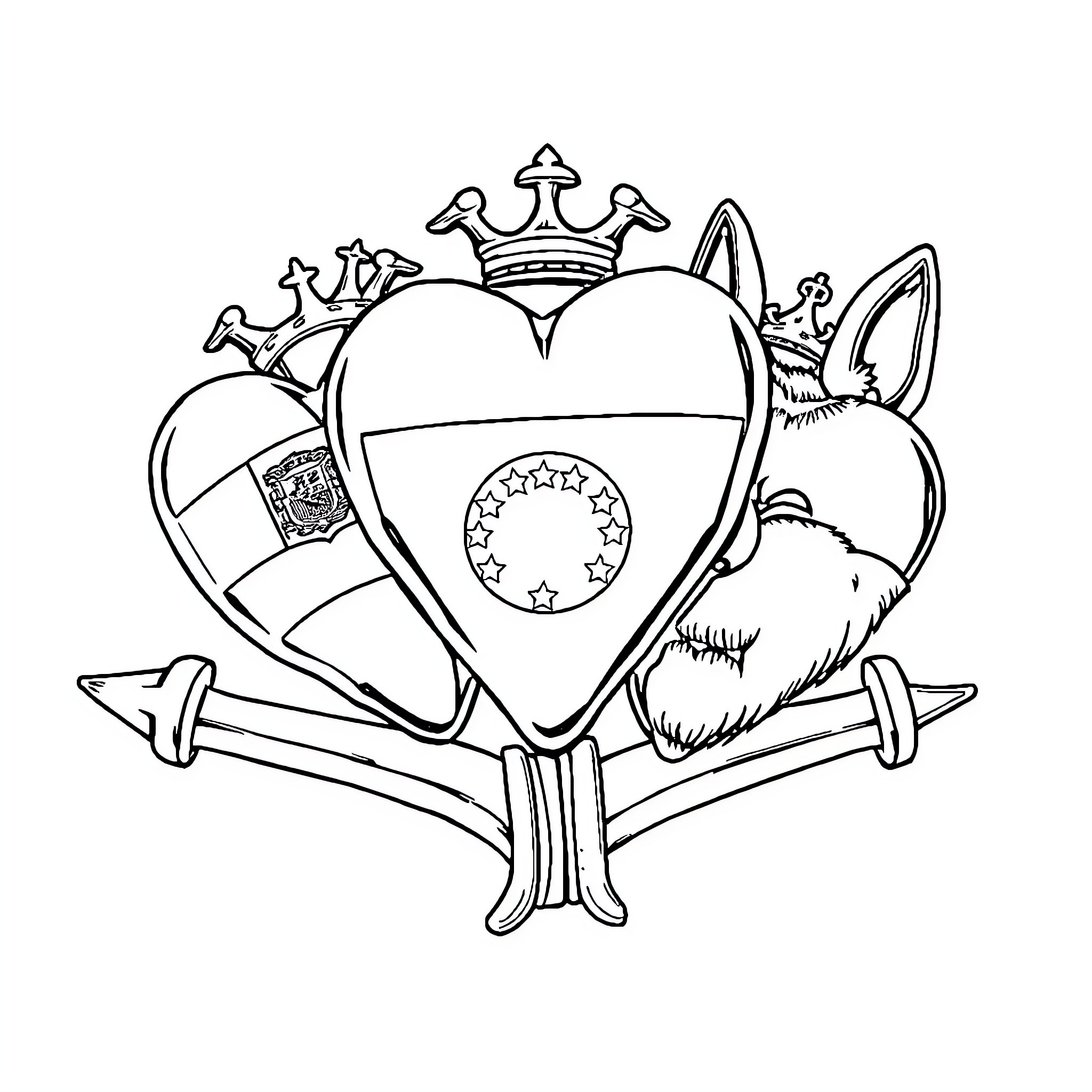 Corazon crowned by royal symbols and rabbits Coloring Page (free black-and-white line drawing printable PDF for all, from beginners to advanced learners, including children, teens, adults, and seniors)