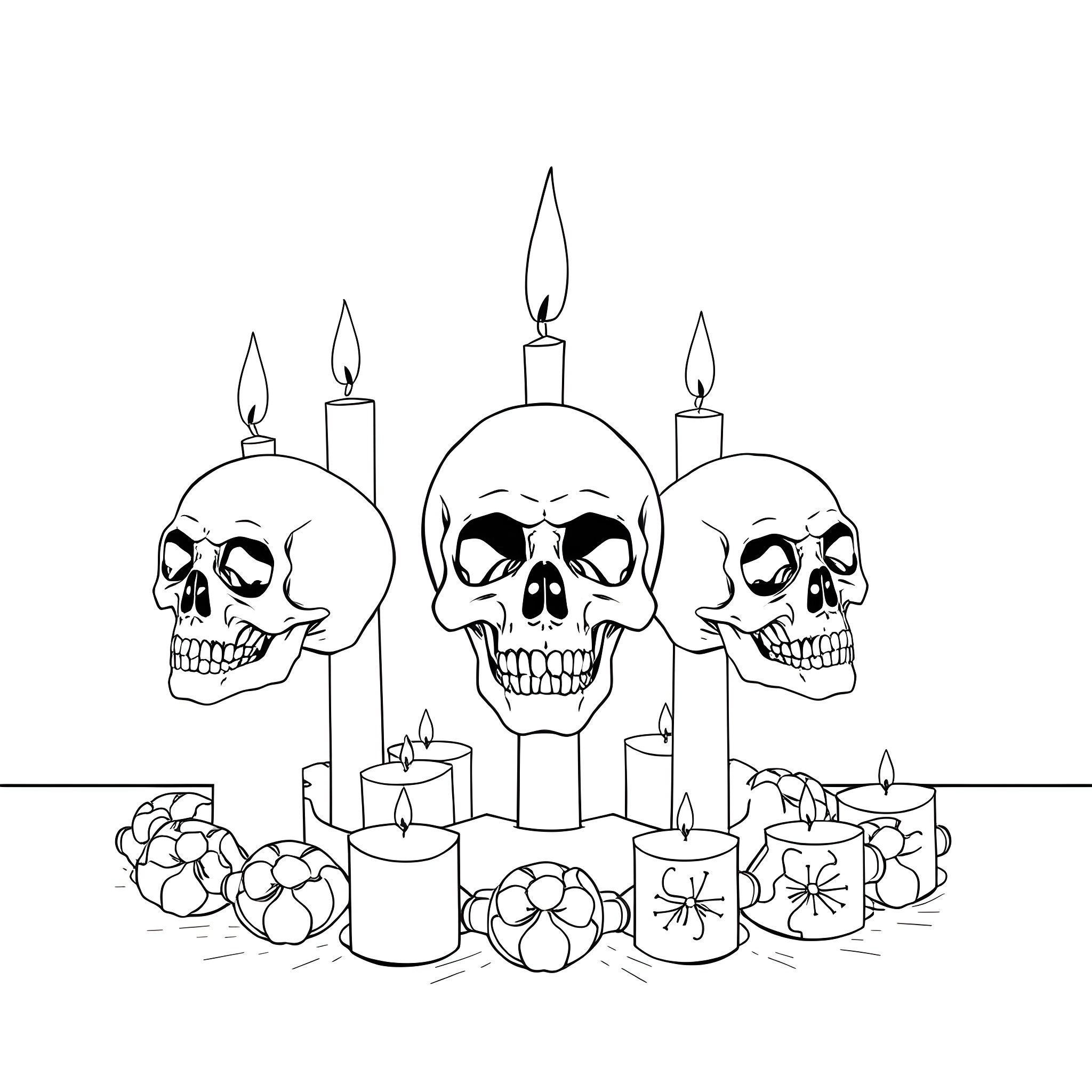 Skull Decorations with Candles and Flowers Coloring Page (free black-and-white line drawing printable PDF for all, from beginners to advanced learners, including children, teens, adults, and seniors)