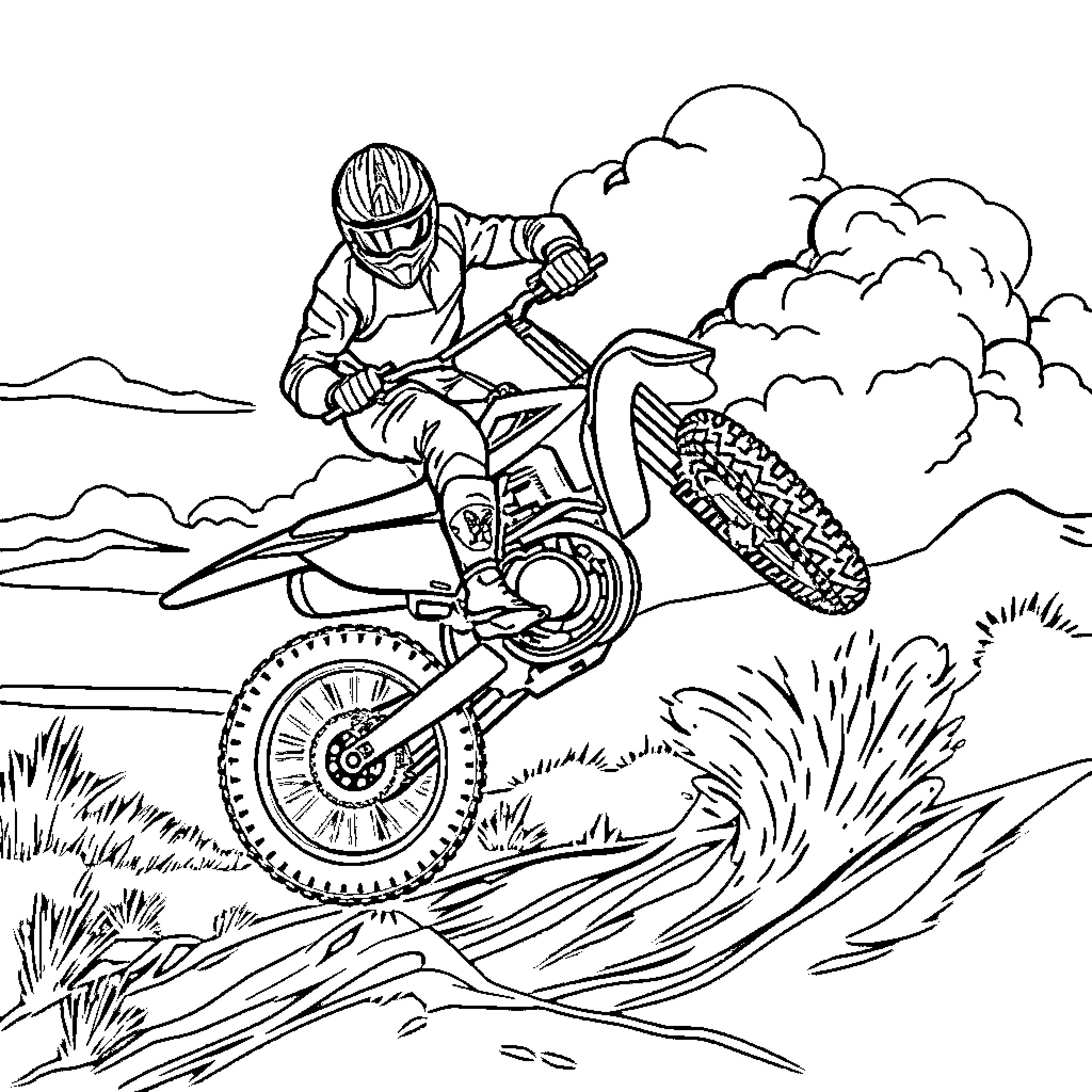 Dirt Bike Rider Racing Through Rugged Terrain Coloring Page (free black-and-white line drawing printable PDF for all, from beginners to advanced learners, including children, teens, adults, and seniors)