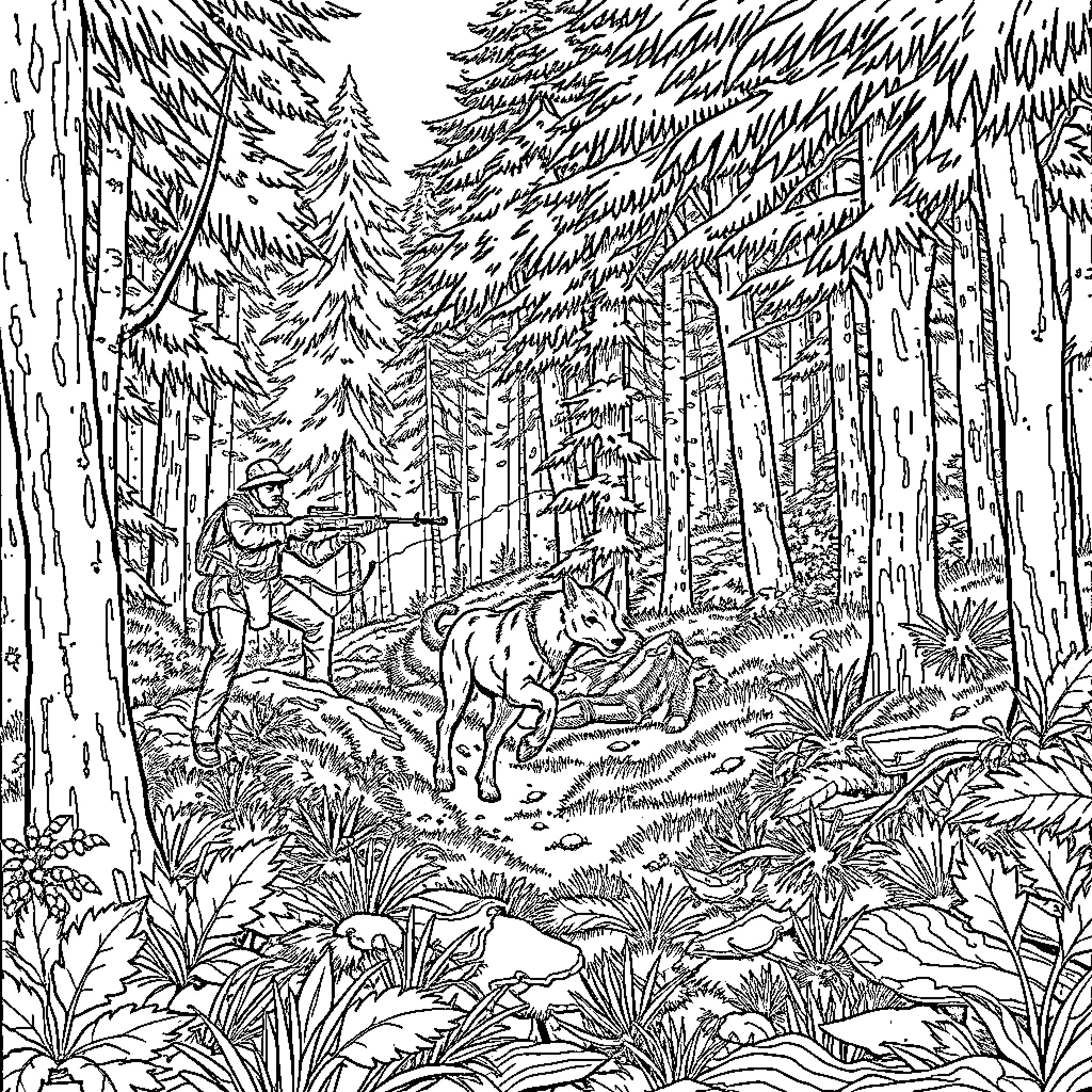 Hunter tracking prey in the dense forest Coloring Page (free black-and-white line drawing printable PDF for all, from beginners to advanced learners, including children, teens, adults, and seniors)