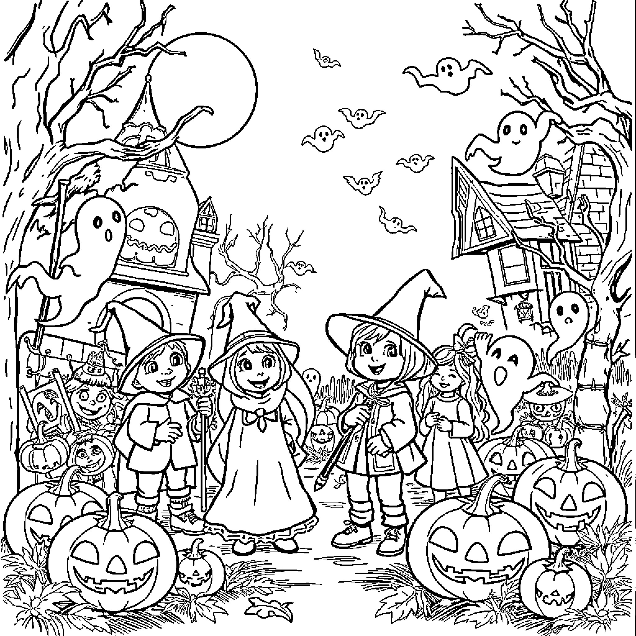 Halloween fun with costumed characters in a spooky setting Coloring Page (free black-and-white line drawing printable PDF for all, from beginners to advanced learners, including children, teens, adults, and seniors)