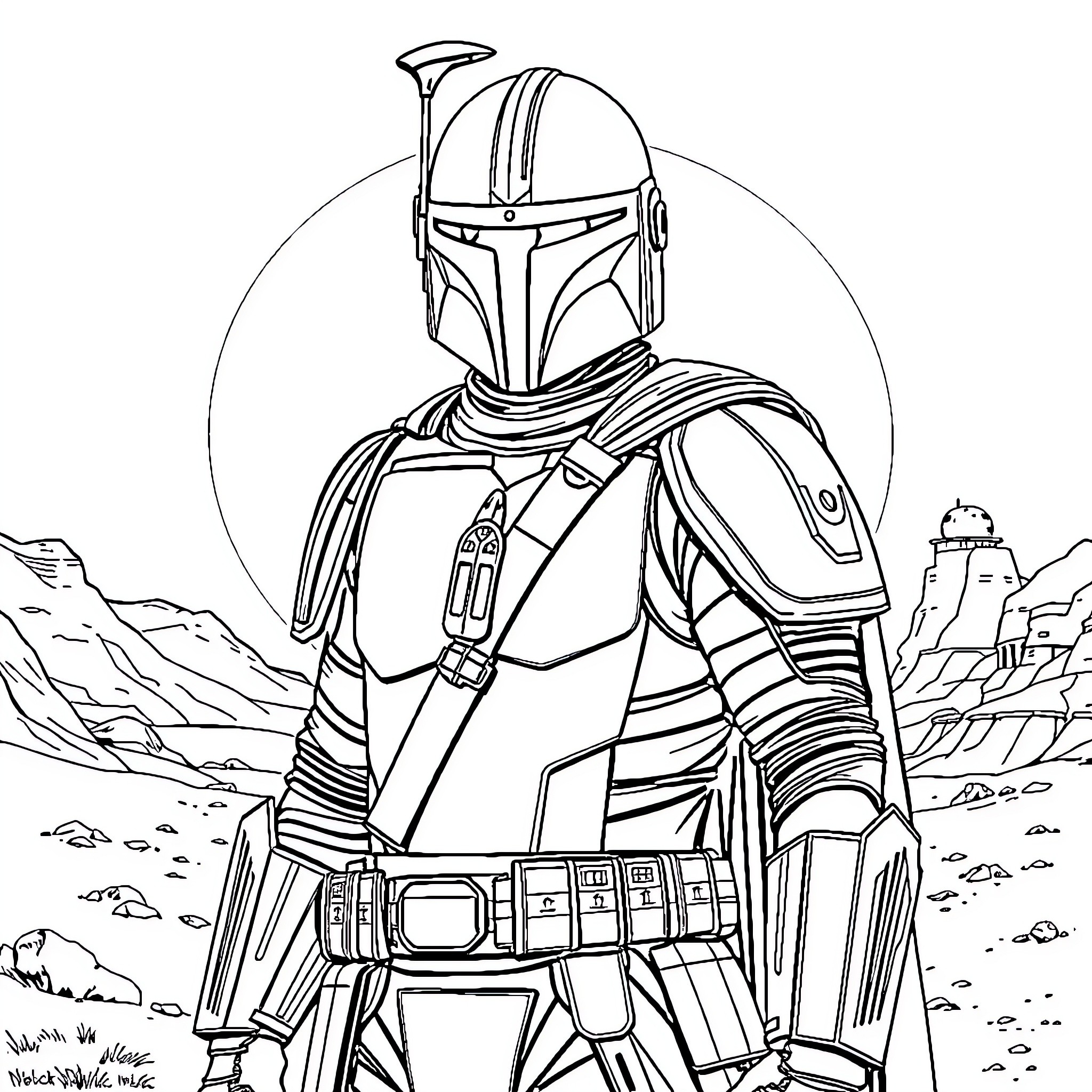 Mandalorian warrior standing in a desert landscape Coloring Page (free black-and-white line drawing printable PDF for all, from beginners to advanced learners, including children, teens, adults, and seniors)