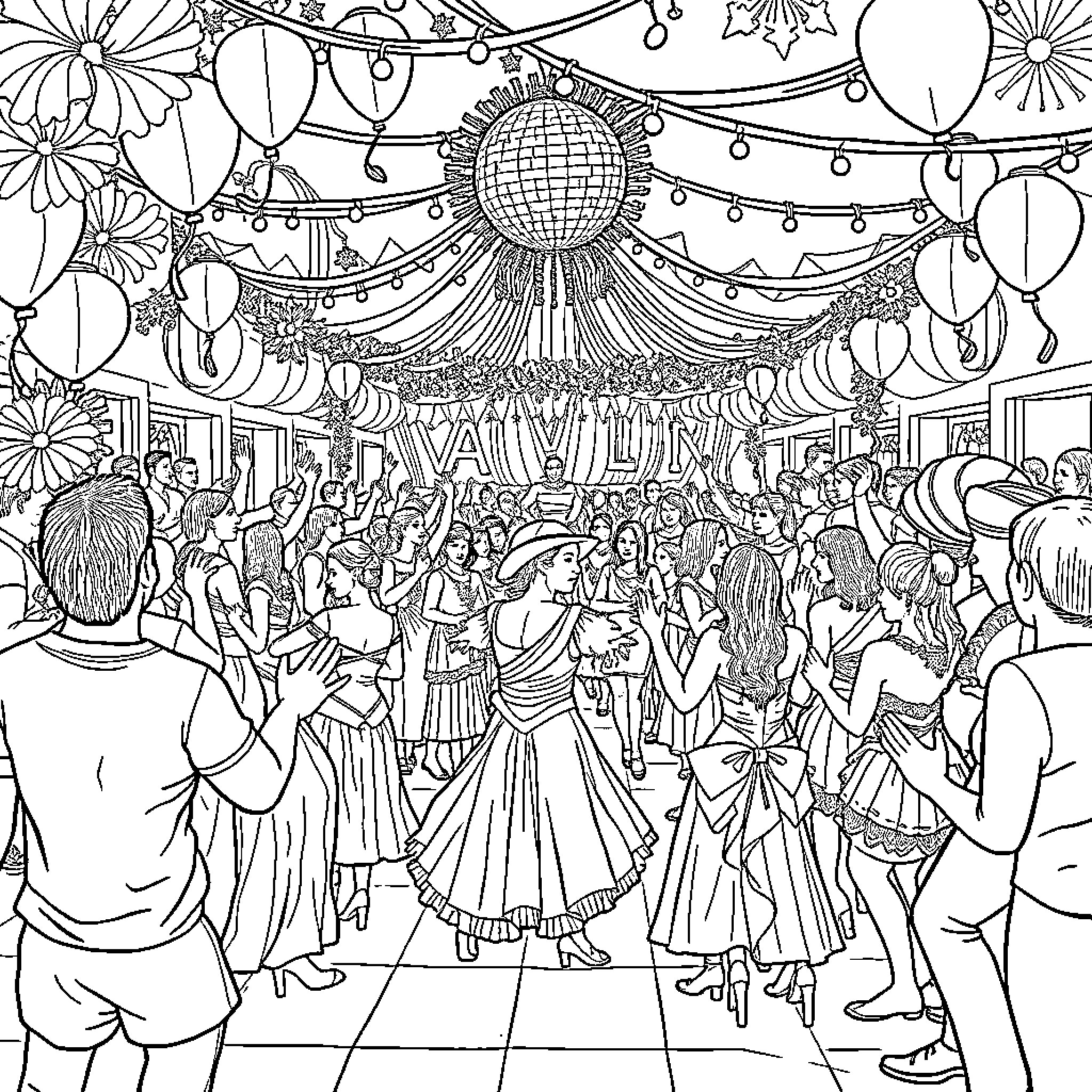 Venezuela: Lively festival with dancing and festive decor Coloring Page (free black-and-white line drawing printable PDF for all, from beginners to advanced learners, including children, teens, adults, and seniors)