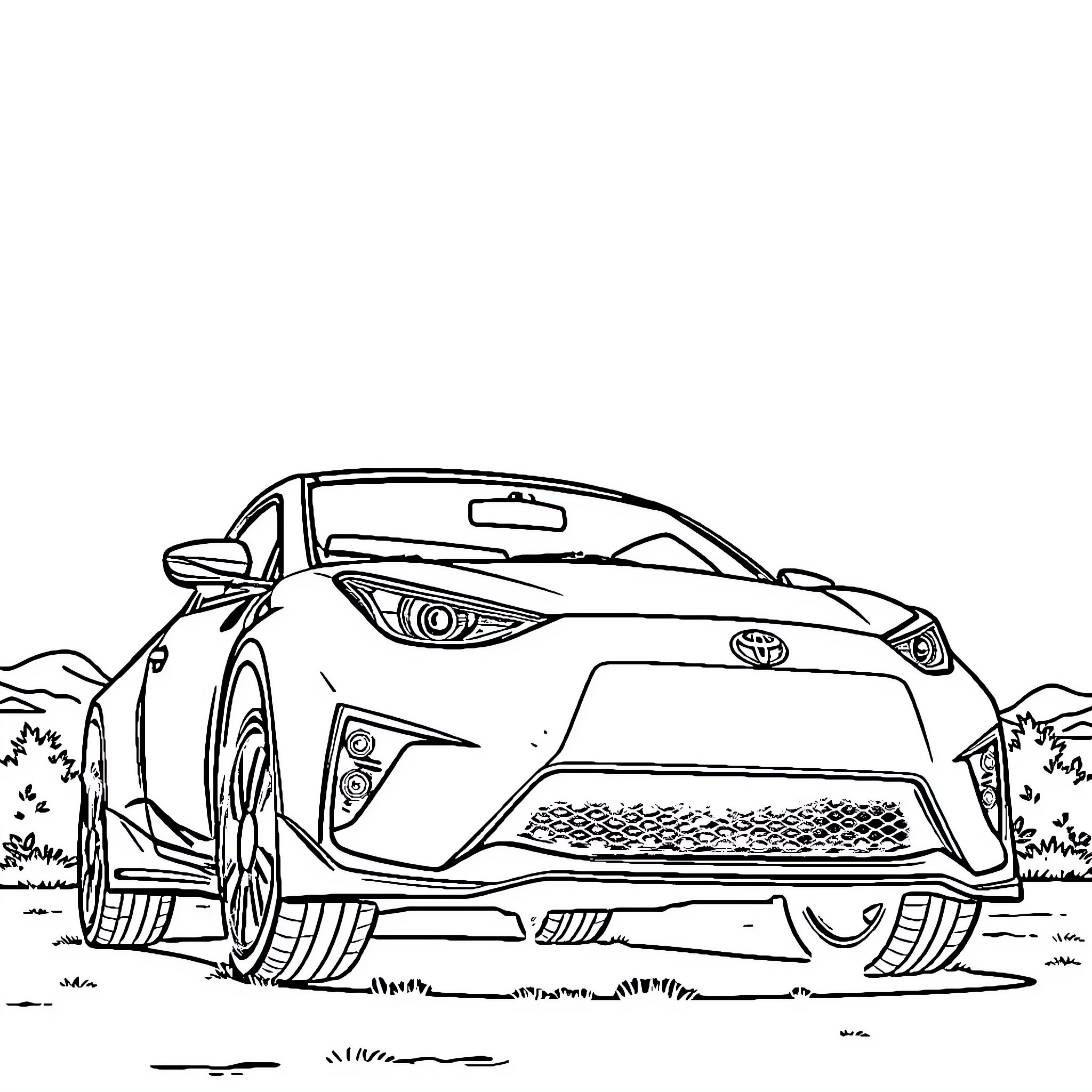 Toyota sports car driving through the countryside Coloring Page (free black-and-white line drawing printable PDF for all, from beginners to advanced learners, including children, teens, adults, and seniors)