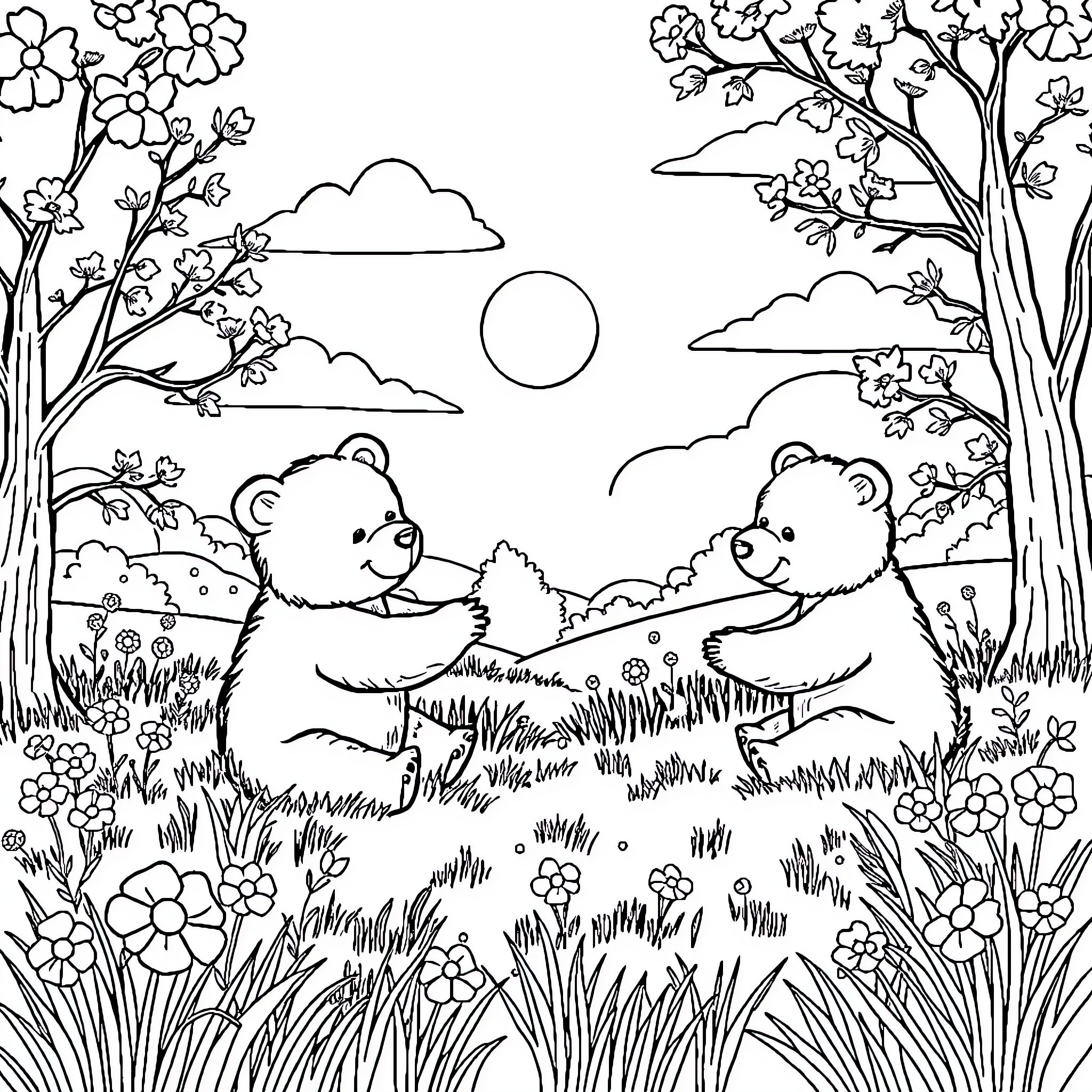 Bear cubs playing in a tranquil nature scene Coloring Page (free black-and-white line drawing printable PDF for all, from beginners to advanced learners, including children, teens, adults, and seniors)