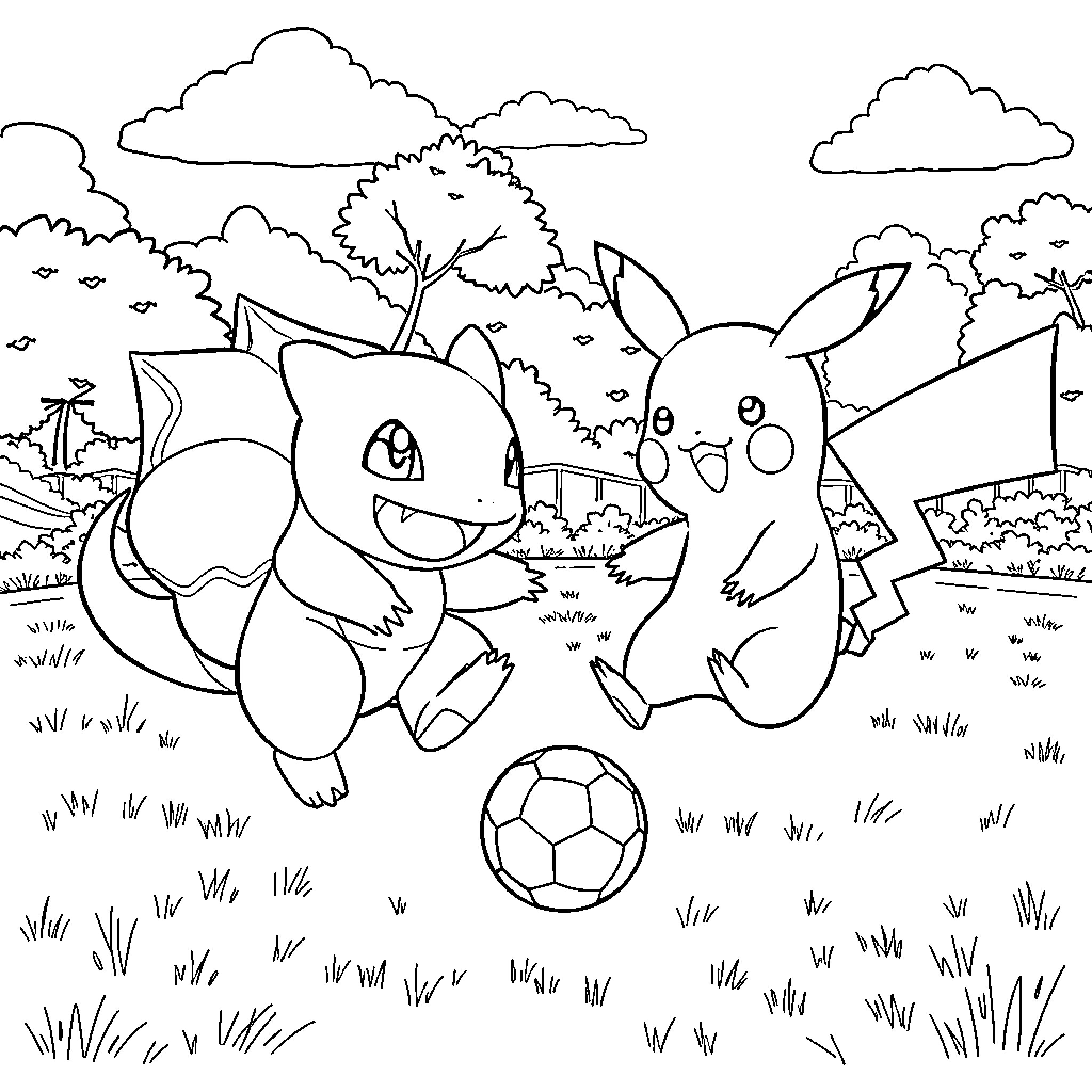 Bulbasaur and Pikachu playing soccer in the park Coloring Page (free black-and-white line drawing printable PDF for all, from beginners to advanced learners, including children, teens, adults, and seniors)