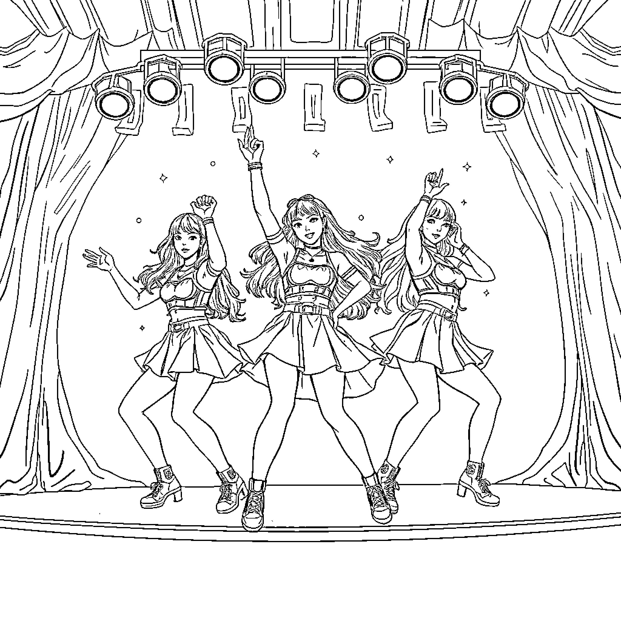 K Pop Warrior Performers on Stage Coloring Page (free black-and-white line drawing printable PDF for all, from beginners to advanced learners, including children, teens, adults, and seniors)