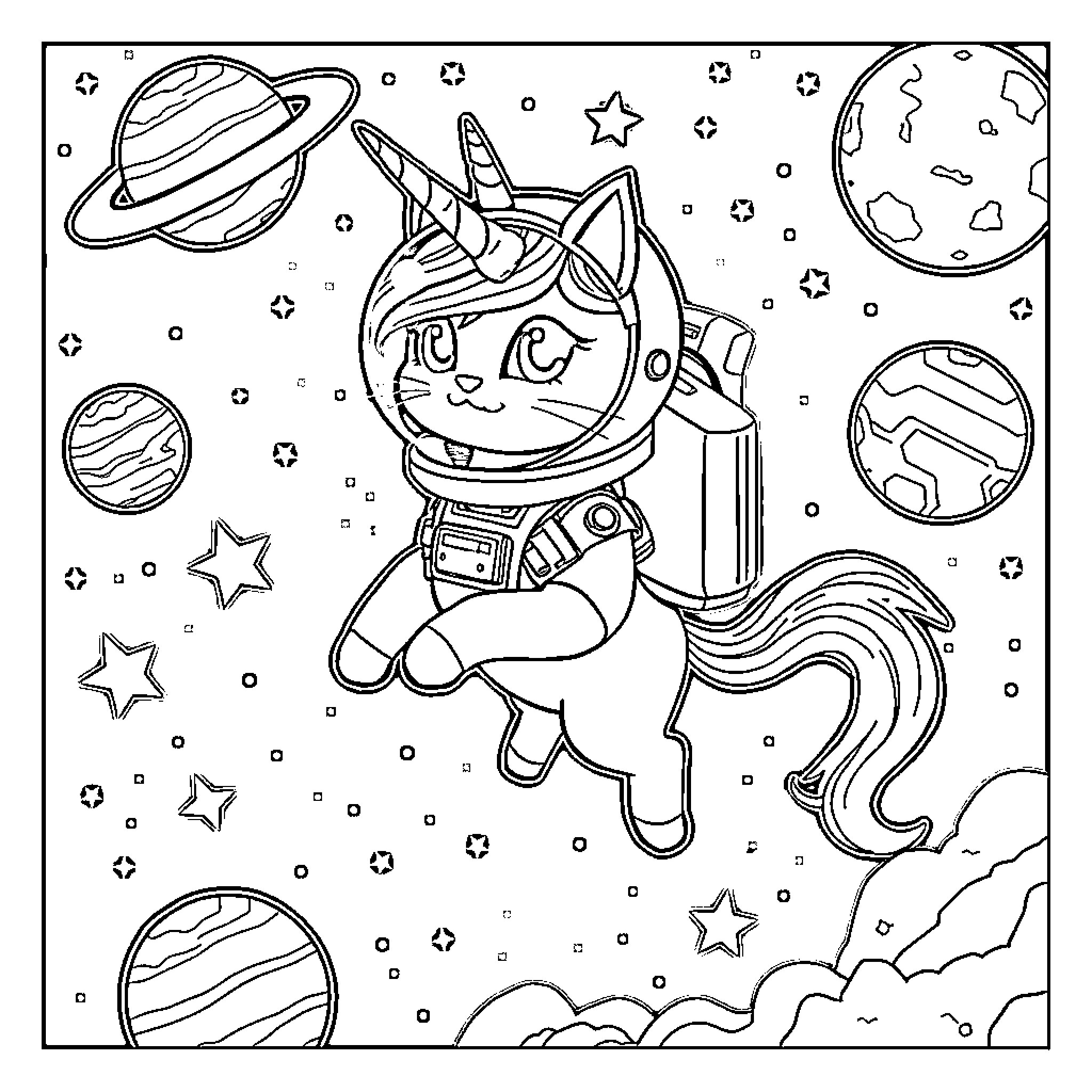 Unicorn Cat exploring the cosmos Coloring Page (free black-and-white line drawing printable PDF for all, from beginners to advanced learners, including children, teens, adults, and seniors)