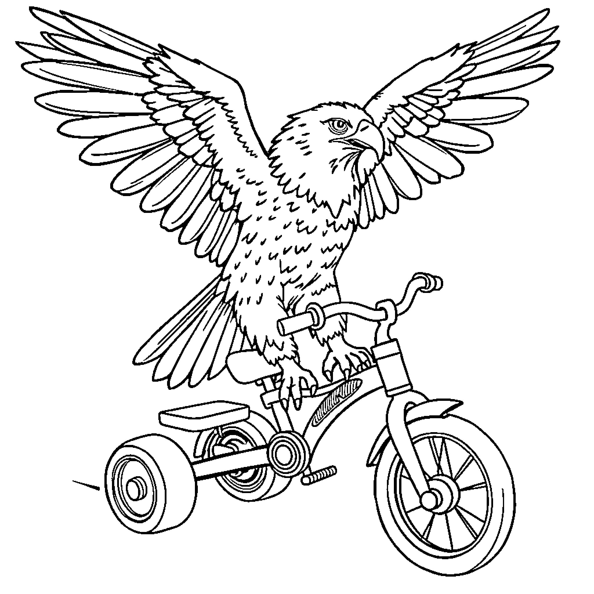 Eagle riding a tricycle Coloring Page (free black-and-white line drawing printable PDF for all, from beginners to advanced learners, including children, teens, adults, and seniors)