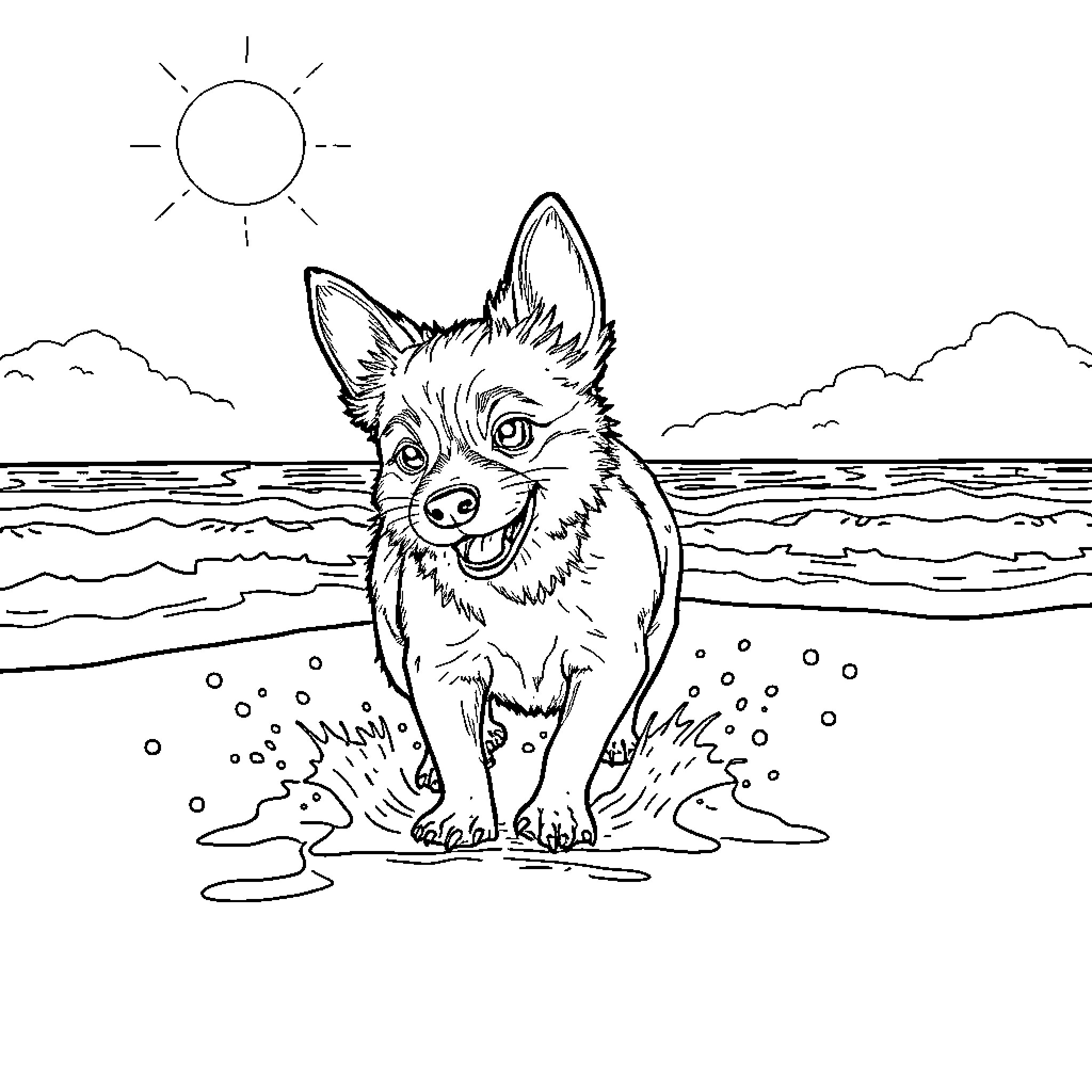 Poodle enjoying the sunny beach Coloring Page (free black-and-white line drawing printable PDF for all, from beginners to advanced learners, including children, teens, adults, and seniors)